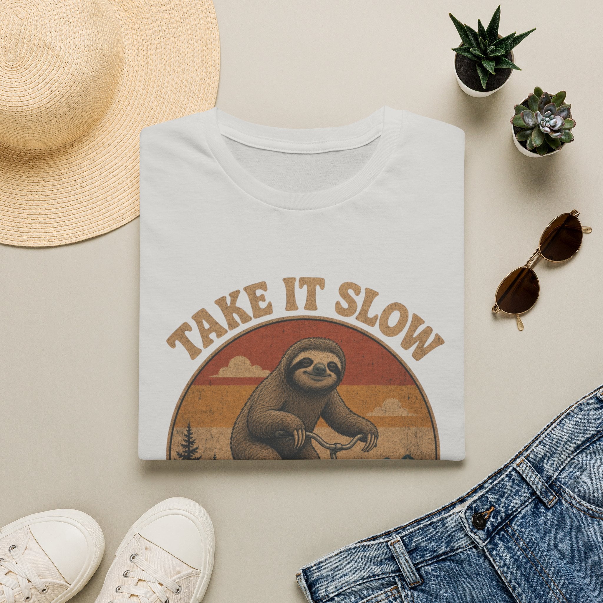 Take It Slow Sloth T-Shirt | Retro Sloth Bicycle Design