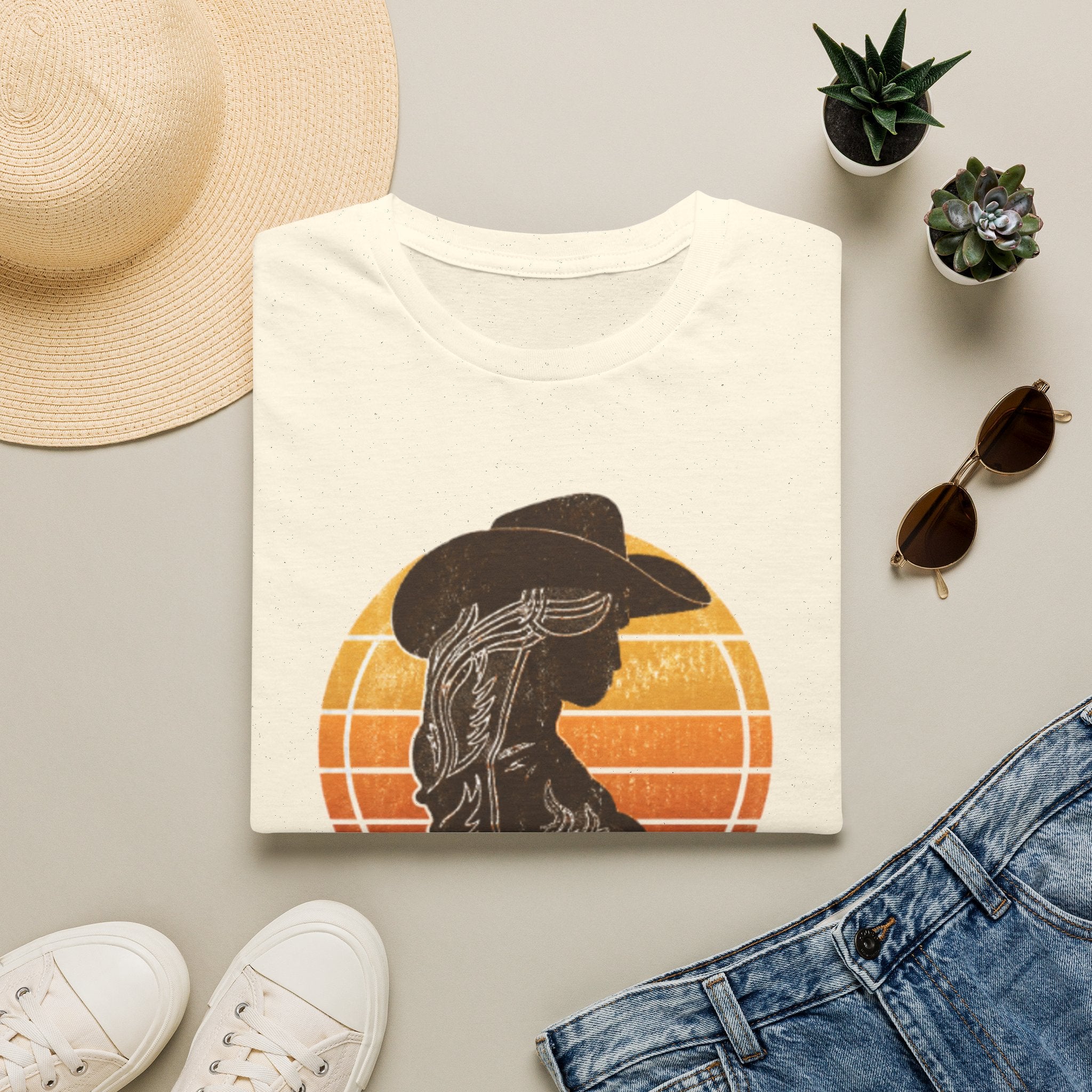 Cowgirl Silhouette T-Shirt — Retro Sunset Western Graphic Tee
