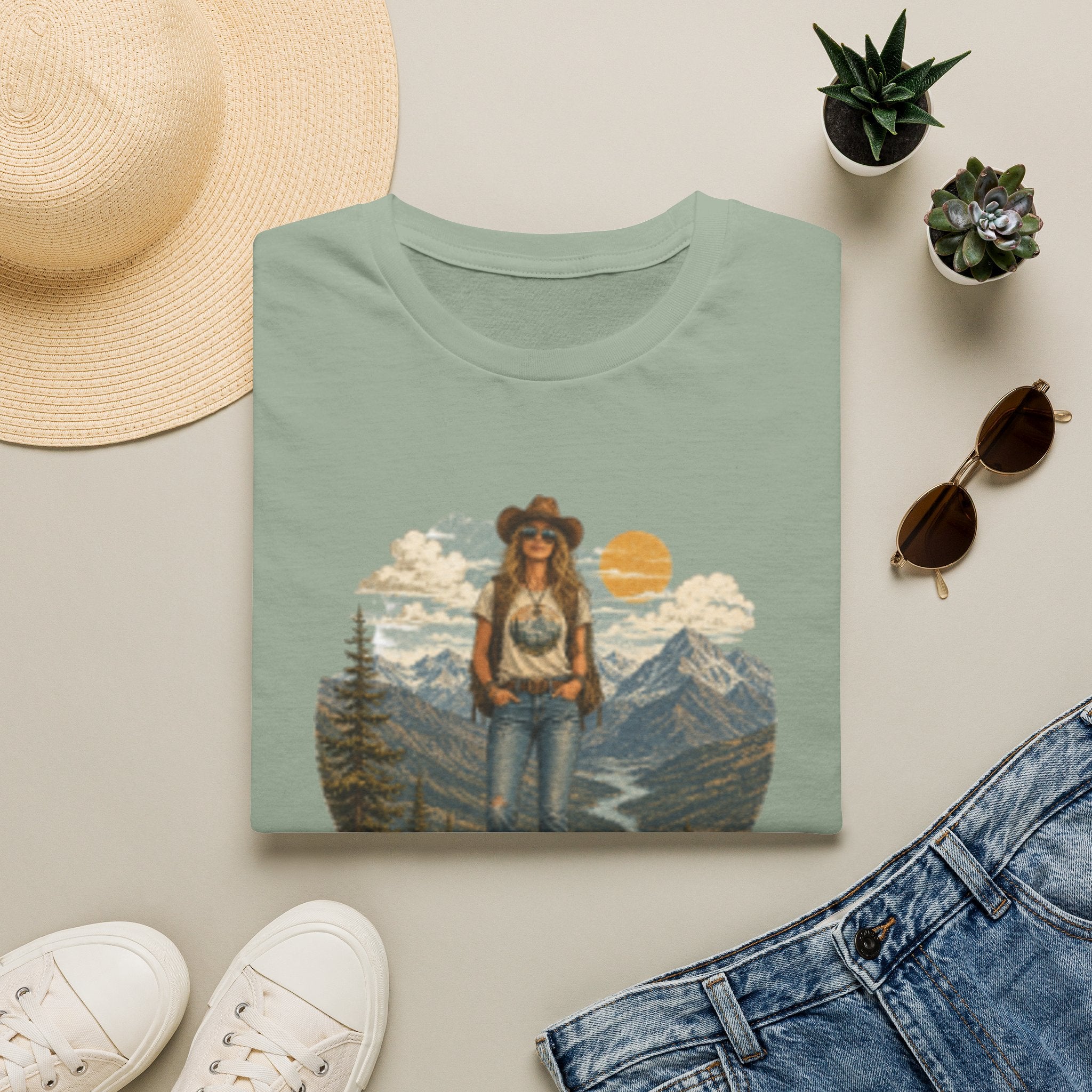 Cowgirl Mountain Adventure T‑Shirt — Vintage Sunset Hiker Graphic