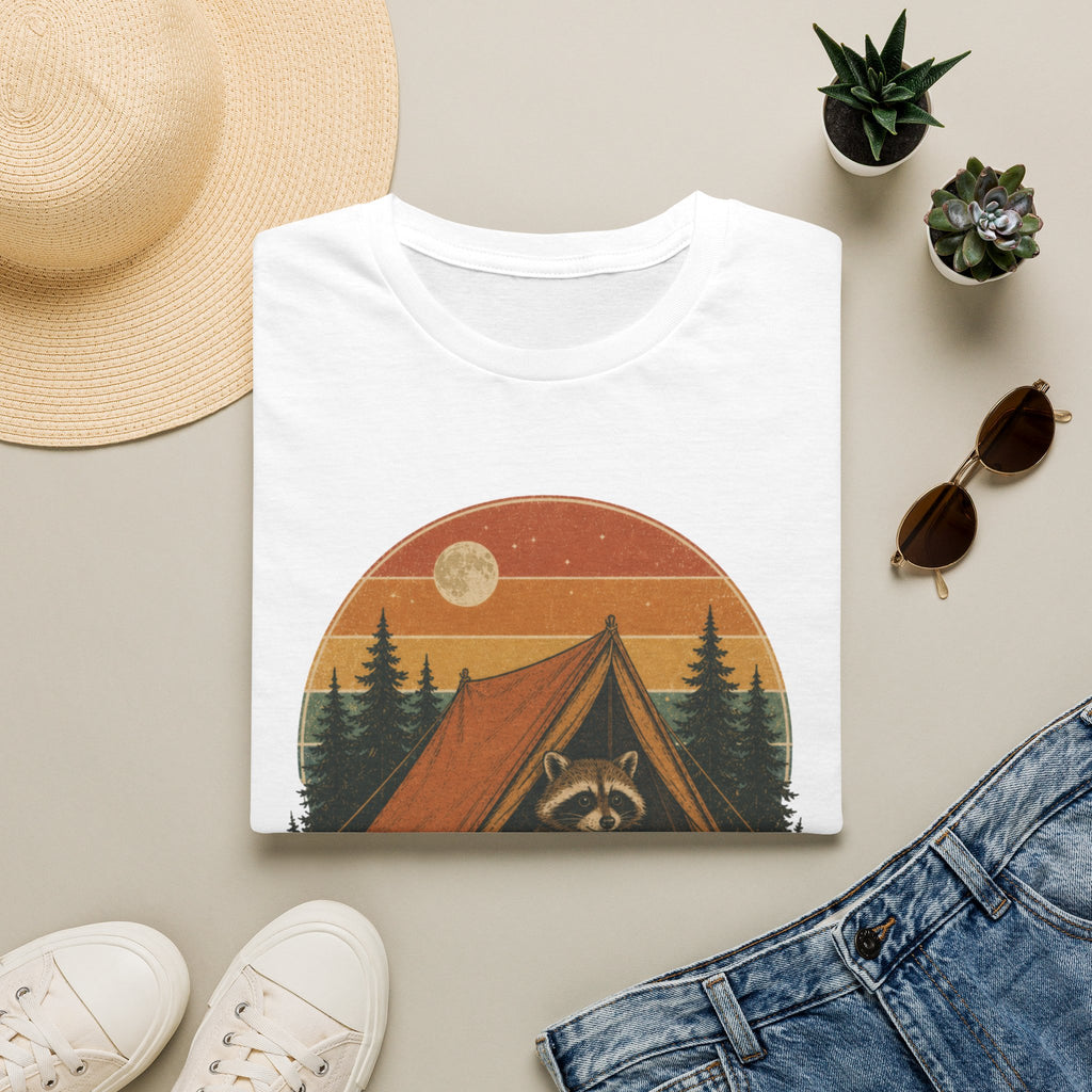 Camping Raccoon T-Shirt — Retro Sunset Tent Outdoor Graphic Tee