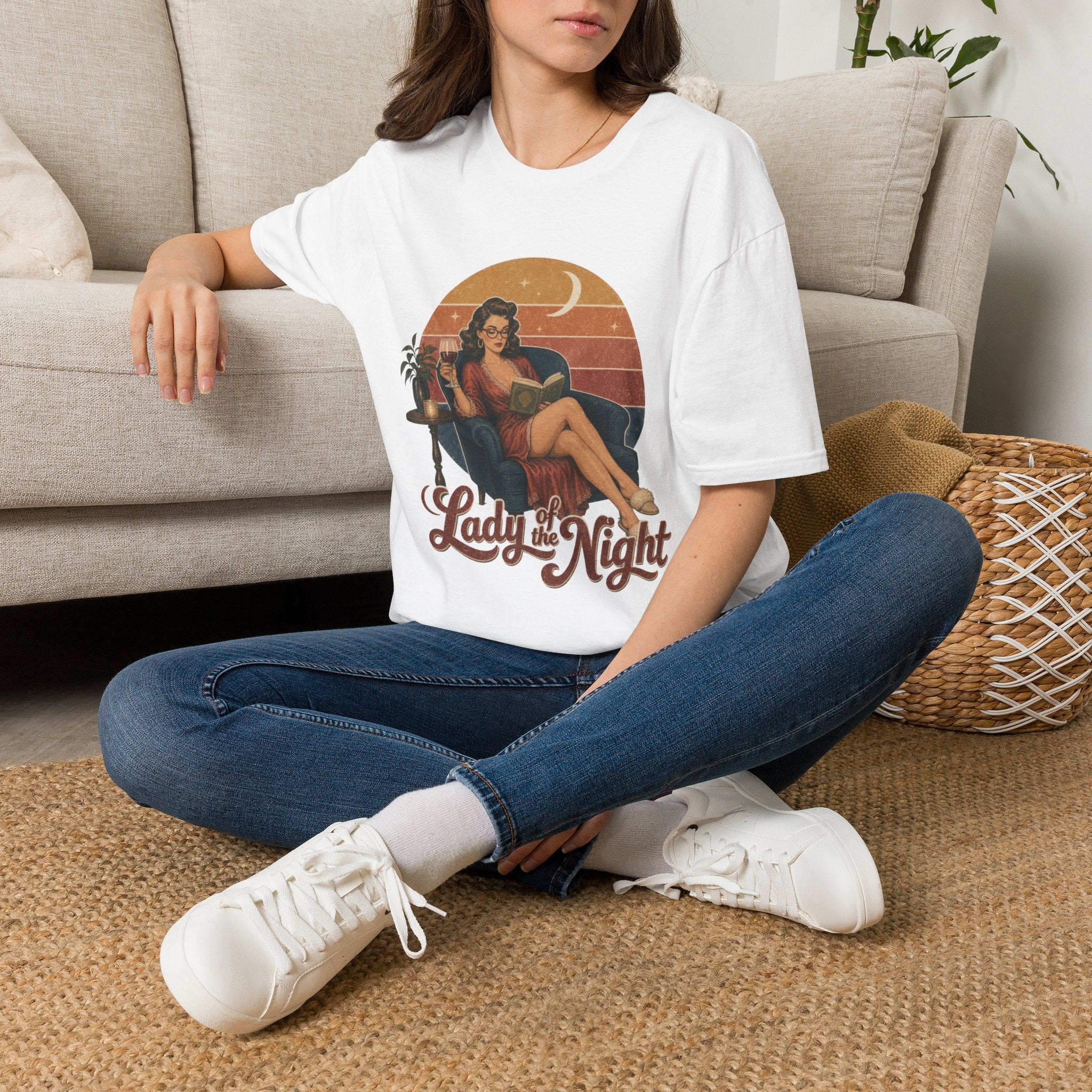 Lady of the Night Vintage Graphic T-Shirt — Retro Pinup Moonlit Reading Tee