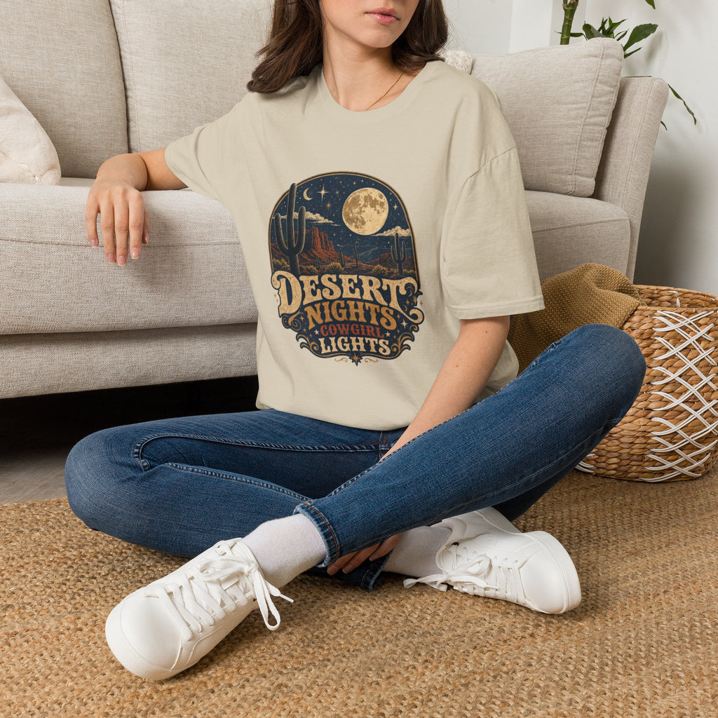 Desert Nights Graphic T-Shirt — “Desert Nights & Lights” Retro Moonlit Cactus Tee