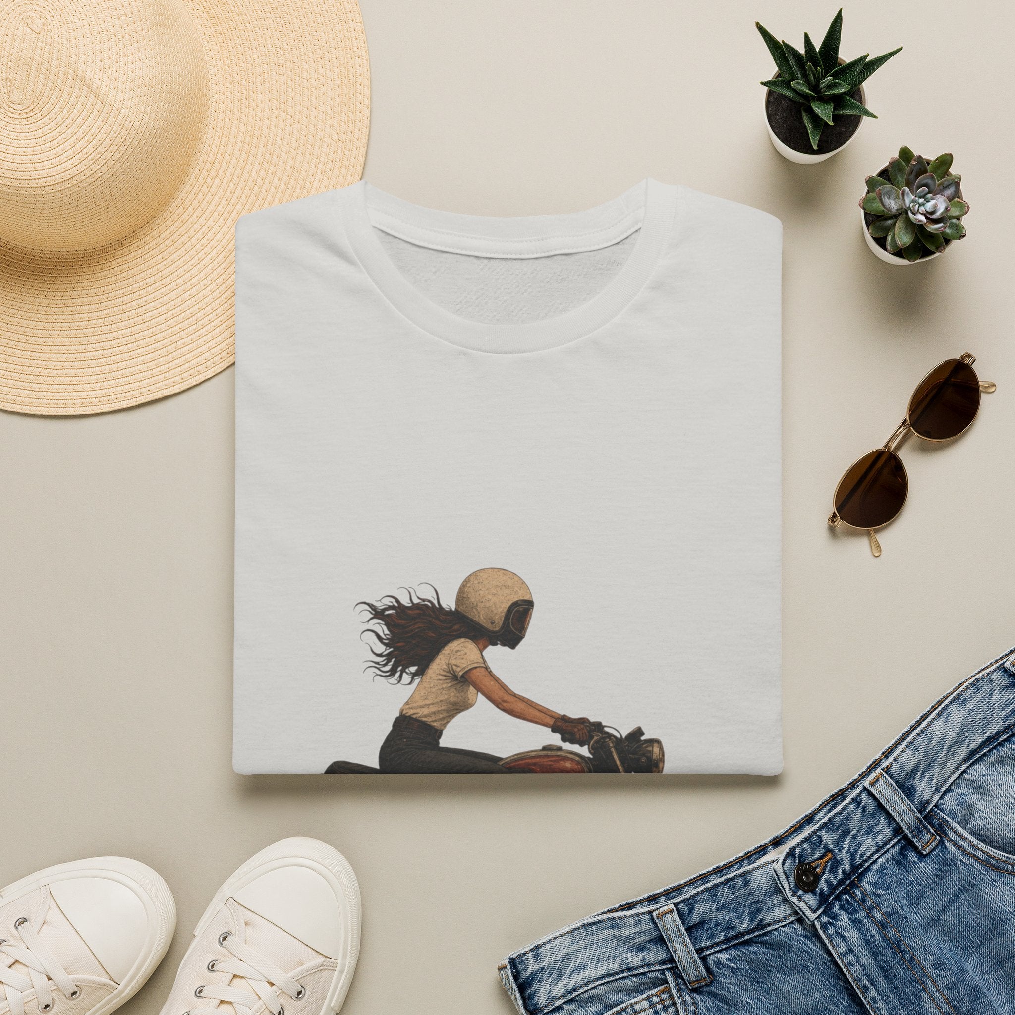 Motorcycle Rider Graphic T-Shirt — Woman on Vintage Bike Design