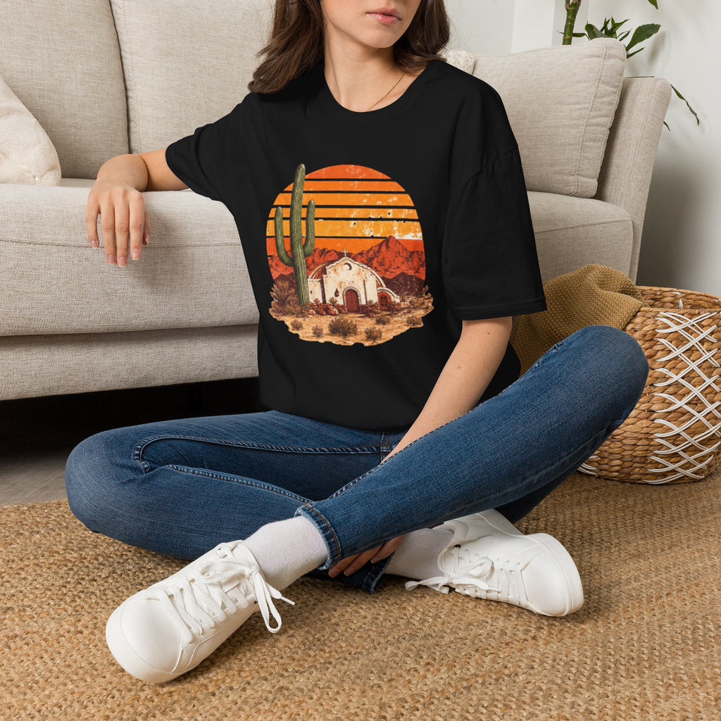 Desert Sunset T‑Shirt — Vintage Cactus & Adobe House Graphic