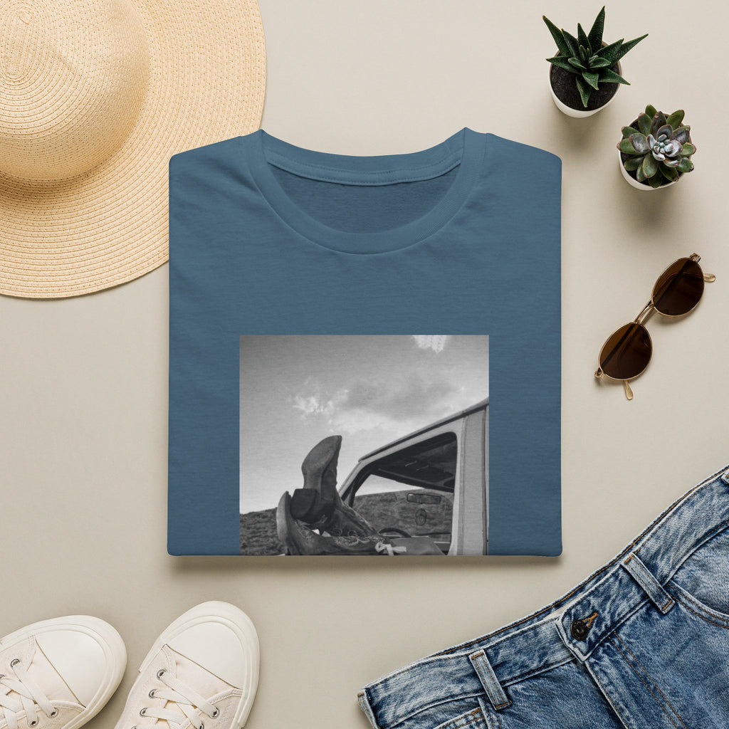 Vintage Road Trip T-Shirt — Black & White Van Window Photo