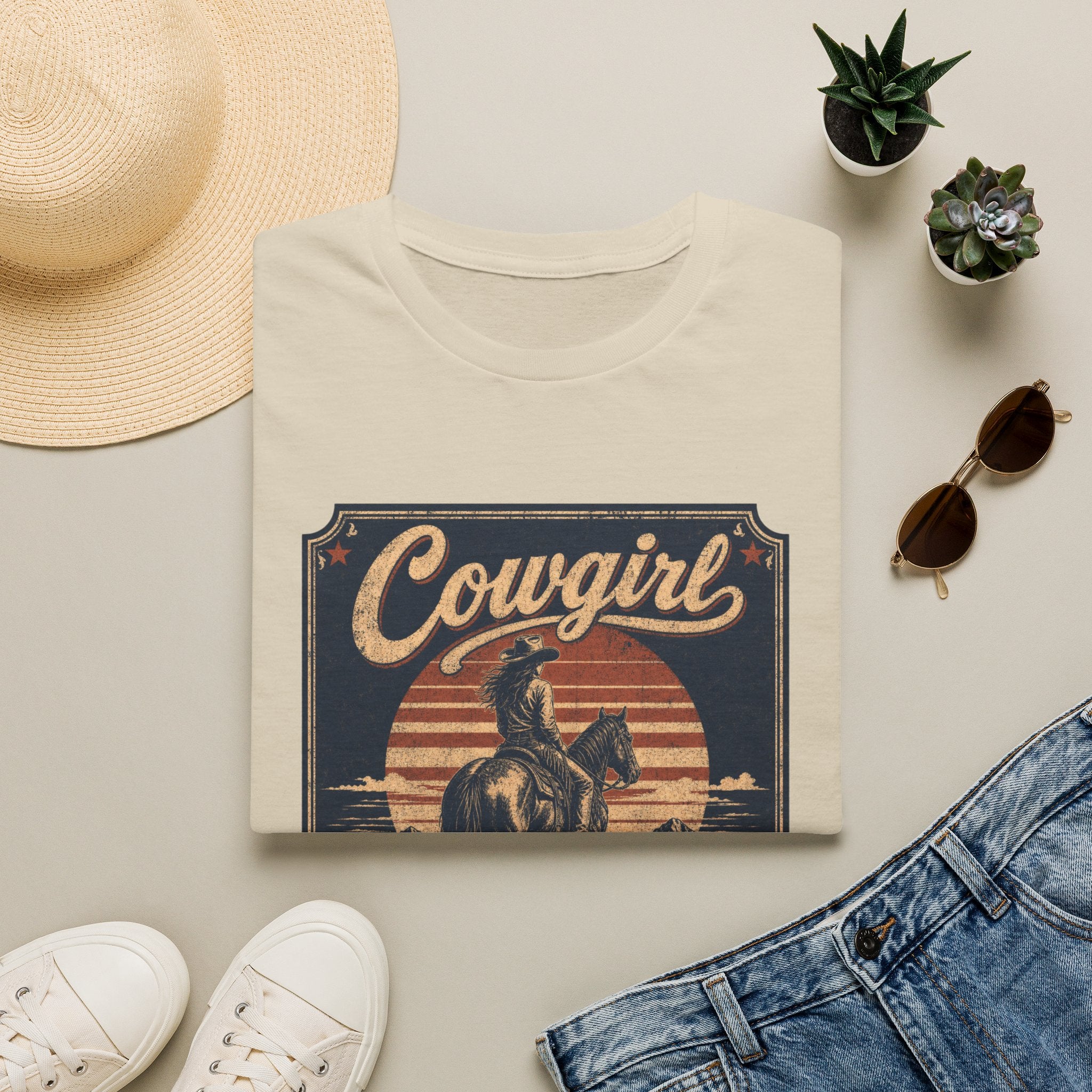 Cowgirl Vintage Graphic Tee — 'Cowgirl' Sunset Horse Riding T-Shirt