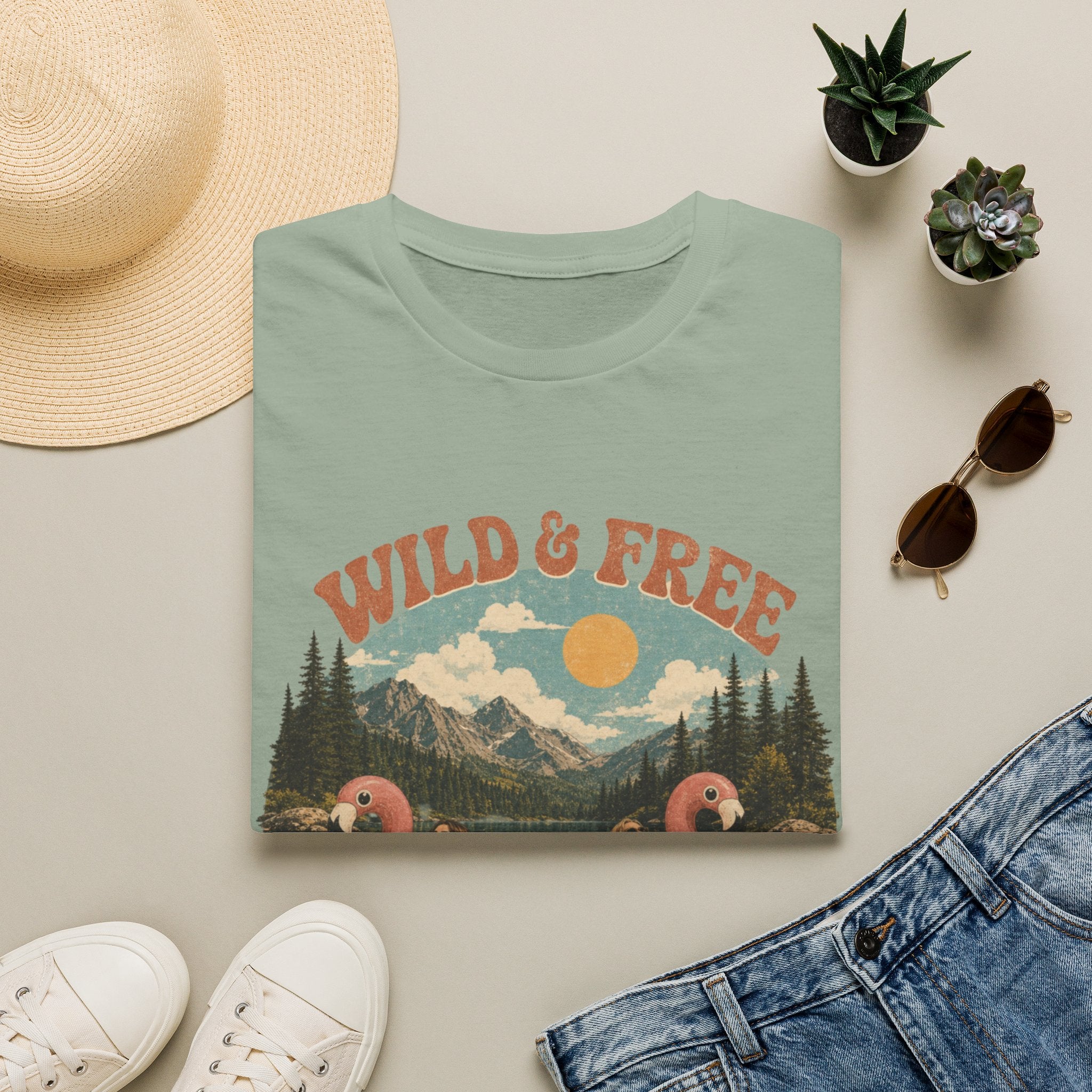 Wild & Free Vintage Nature T-Shirt — Flamingo Mountain Scenic Tee