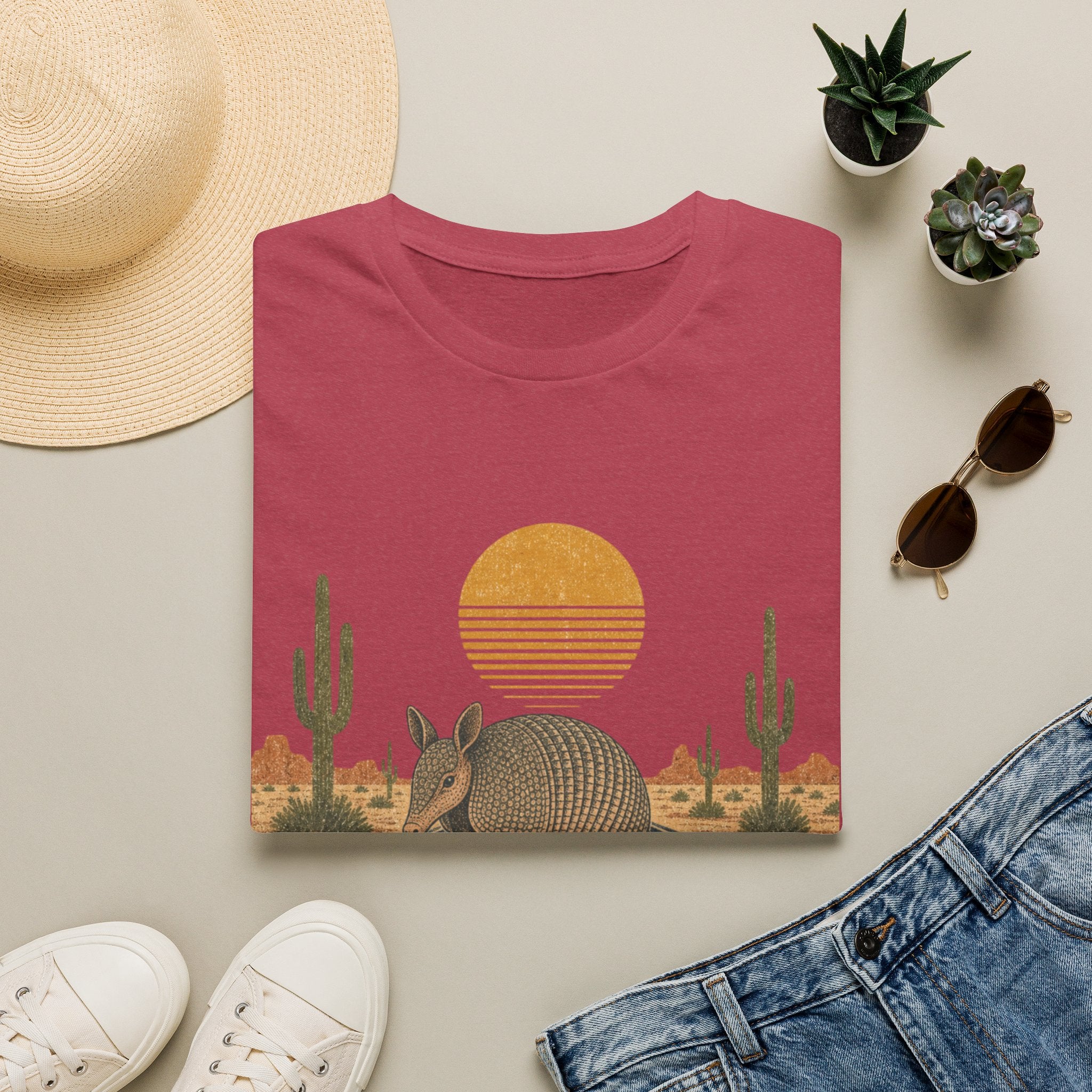 Armadillo Desert Sunset T-Shirt — Retro Cactus Road Wildlife Tee
