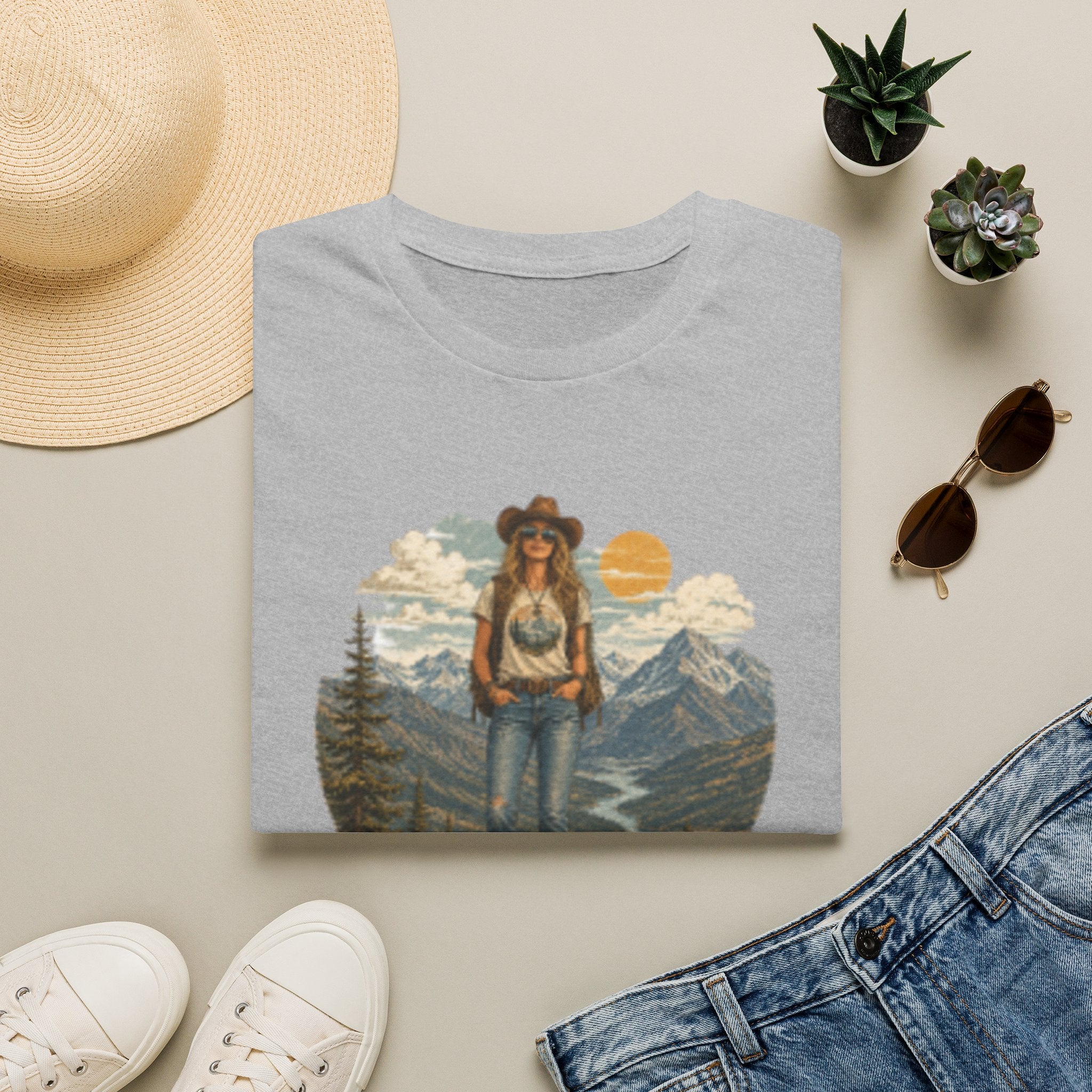 Cowgirl Mountain Adventure T‑Shirt — Vintage Sunset Hiker Graphic