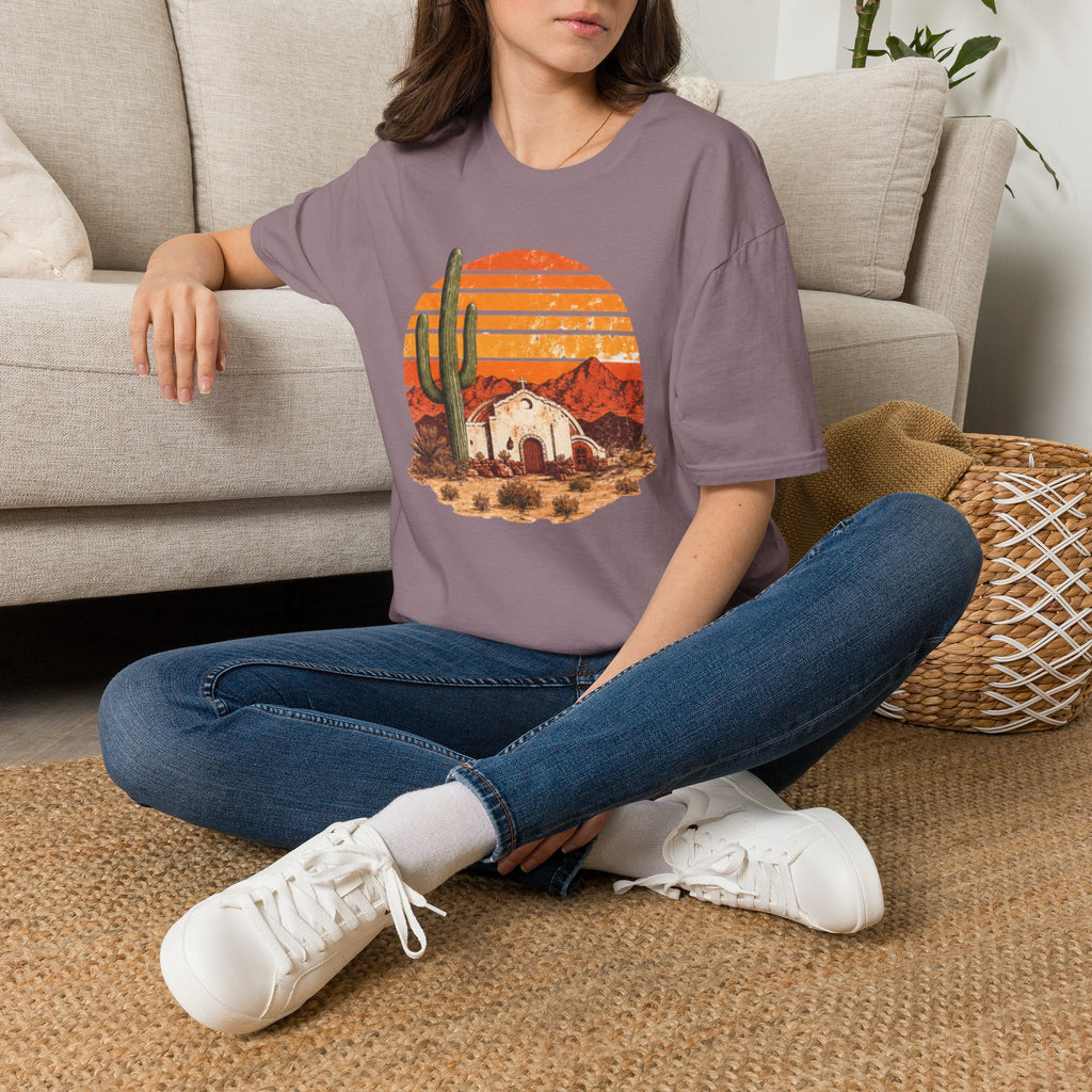 Desert Sunset T‑Shirt — Vintage Cactus & Adobe House Graphic