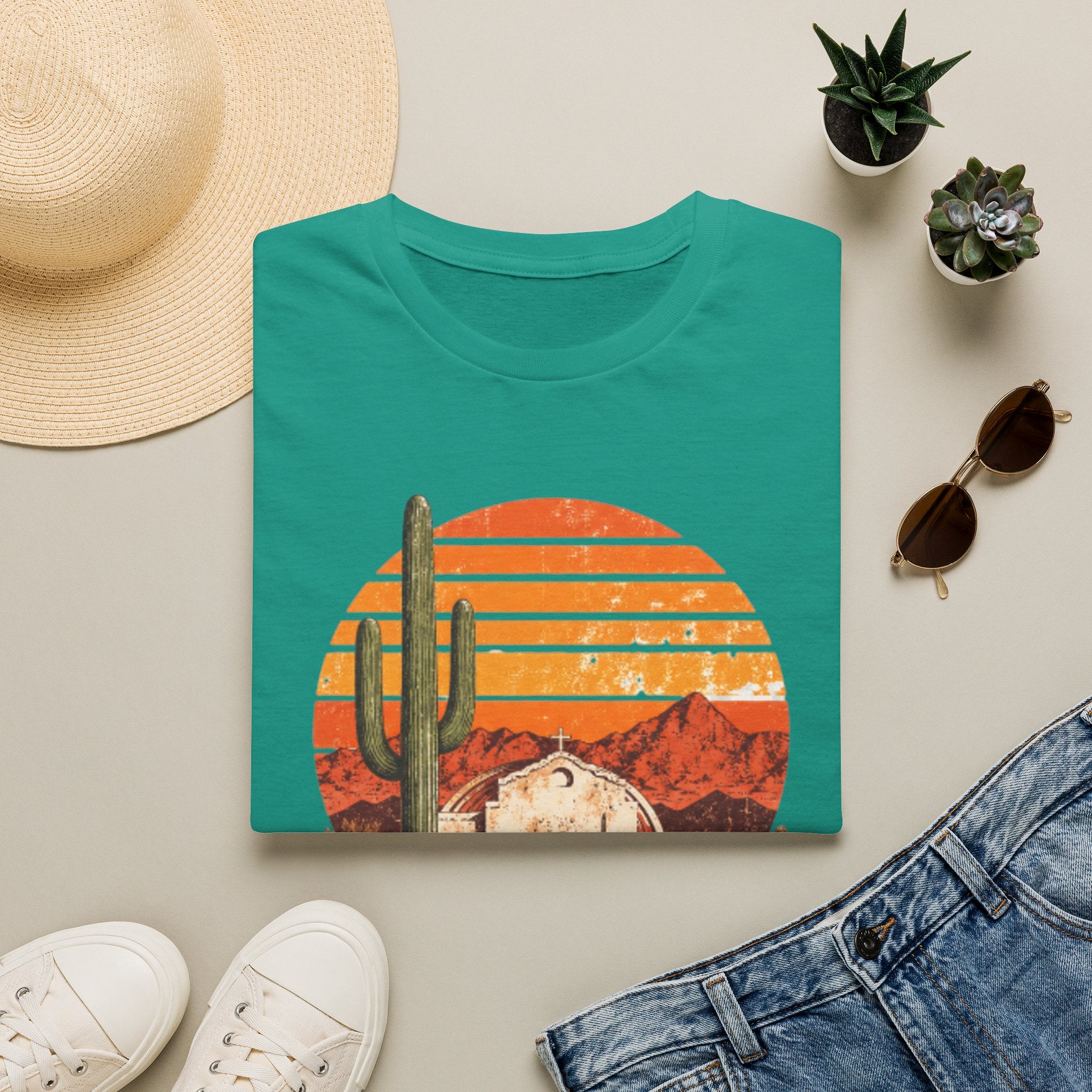 Desert Sunset T‑Shirt — Vintage Cactus & Adobe House Graphic