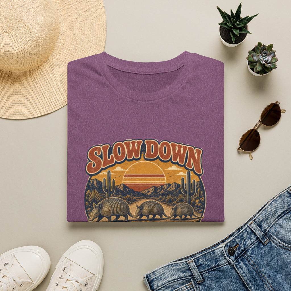 Slow Down Armadillo Crossing T-Shirt — Retro Desert Wildlife Graphic Tee