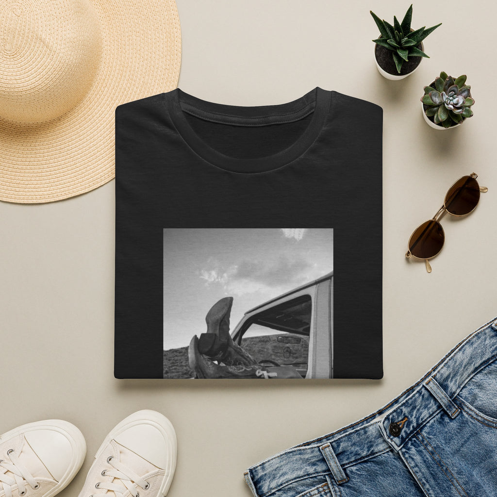 Vintage Road Trip T-Shirt — Black & White Van Window Photo