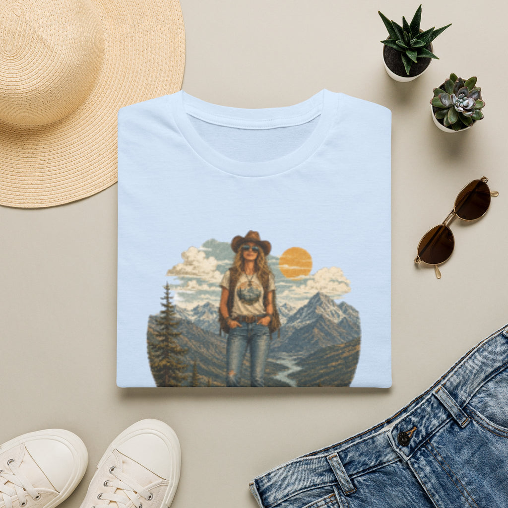 Cowgirl Mountain Adventure T‑Shirt — Vintage Sunset Hiker Graphic