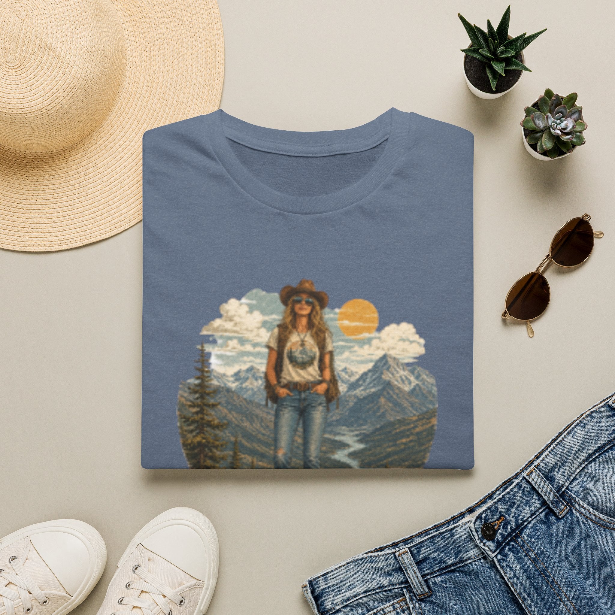 Cowgirl Mountain Adventure T‑Shirt — Vintage Sunset Hiker Graphic