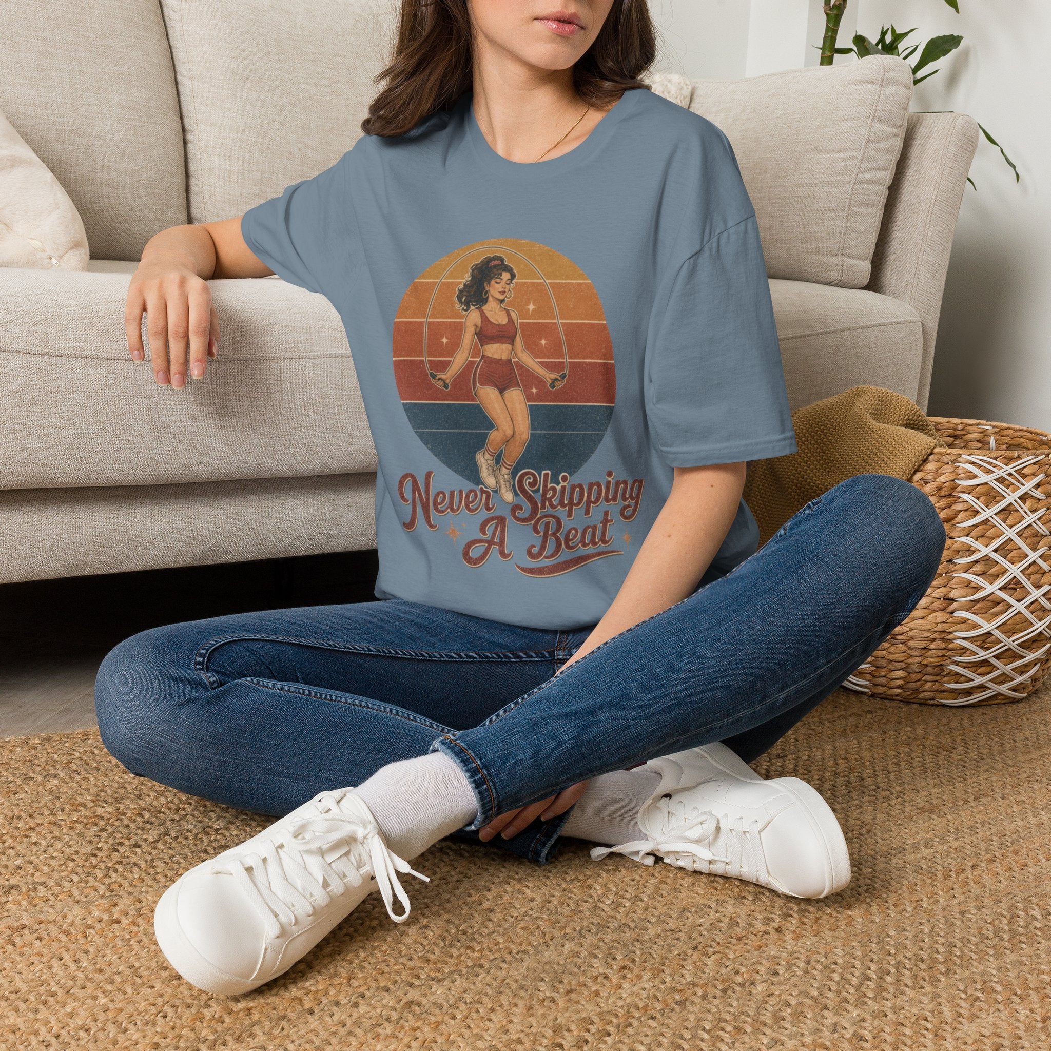 Retro Fitness T-Shirt — "Never Skipping a Beat" Vintage Pin-Up Workout Tee