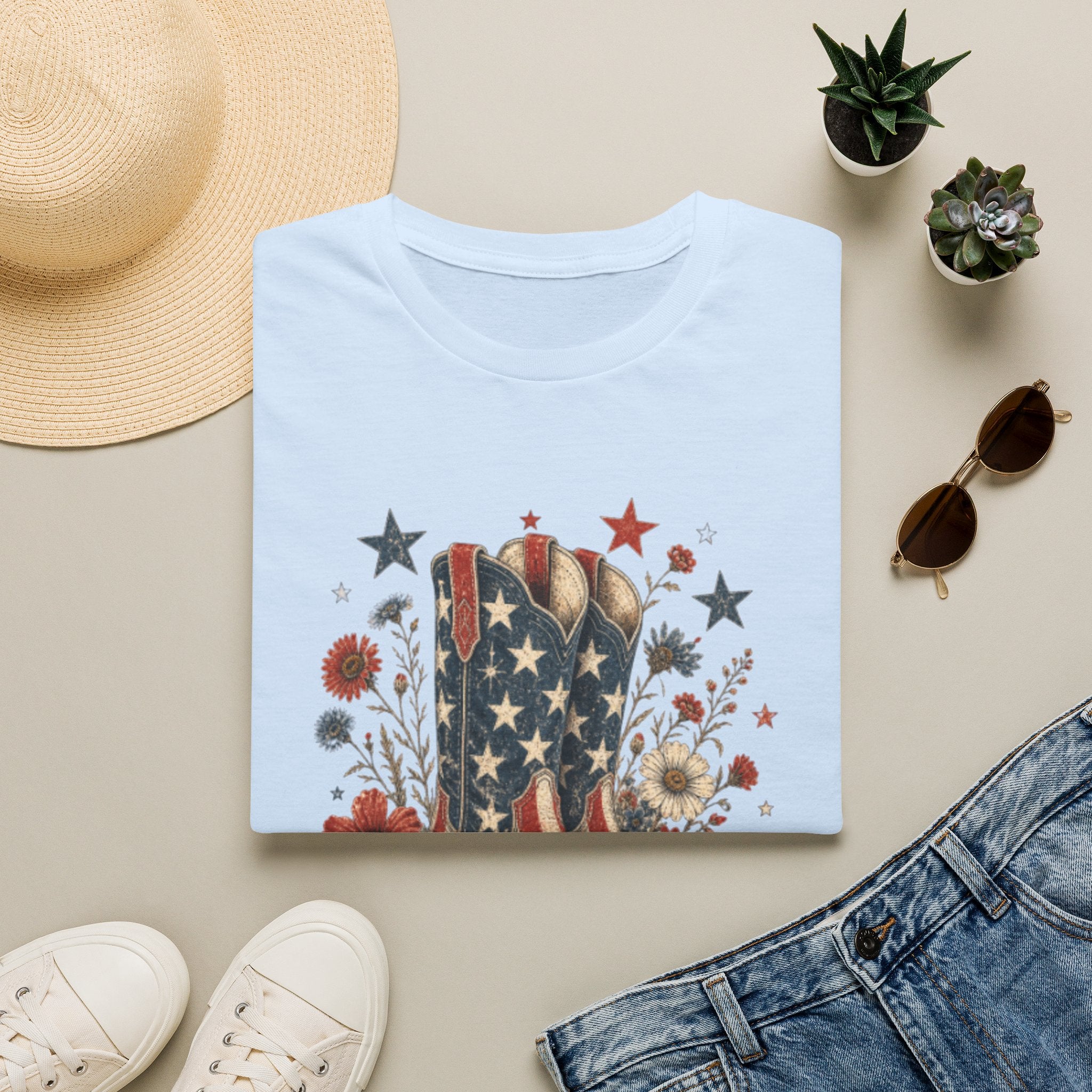 Cowboy Boot Tee — Americana Flag Floral Graphic T-Shirt