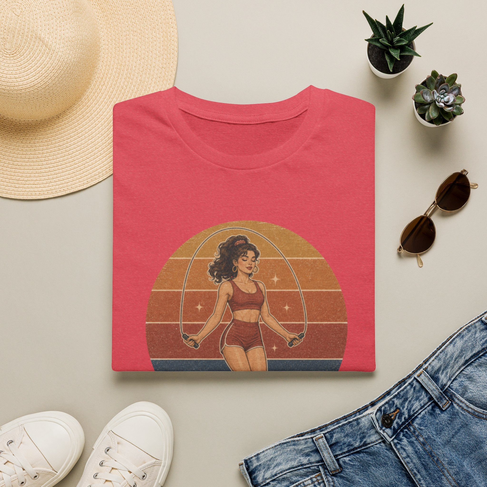 Retro Fitness T-Shirt — "Never Skipping a Beat" Vintage Pin-Up Workout Tee
