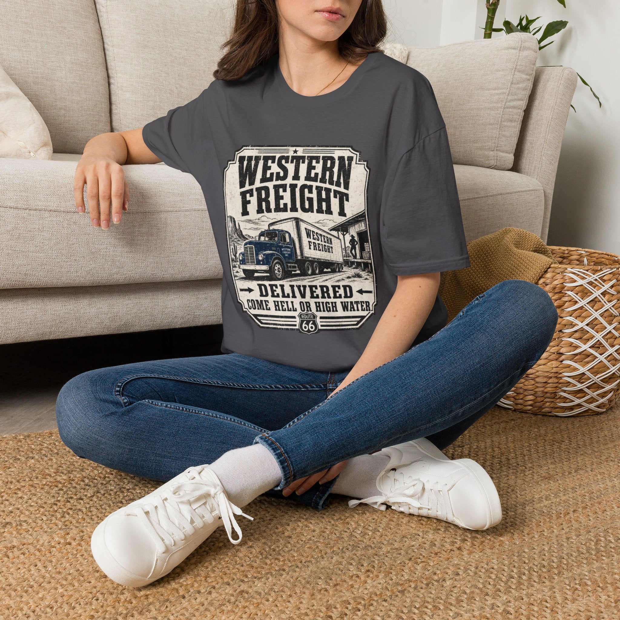 Western Freight Vintage Truck T-Shirt — 'Delivered Rain or Shine' Route 66 Tee