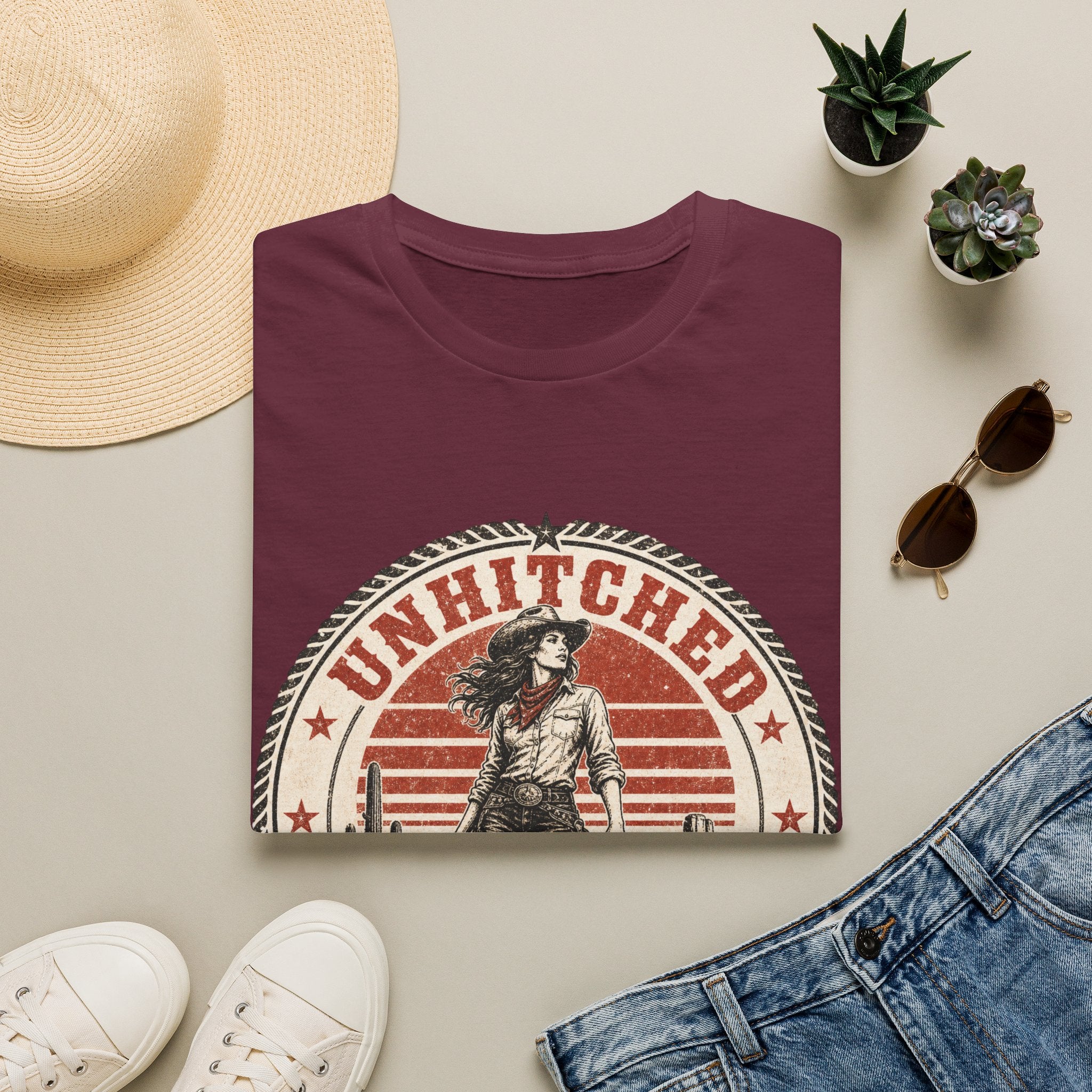 Unhitched Vintage Cowgirl T‑Shirt – “Unhitched & Untamable” Retro Western Graphic Tee