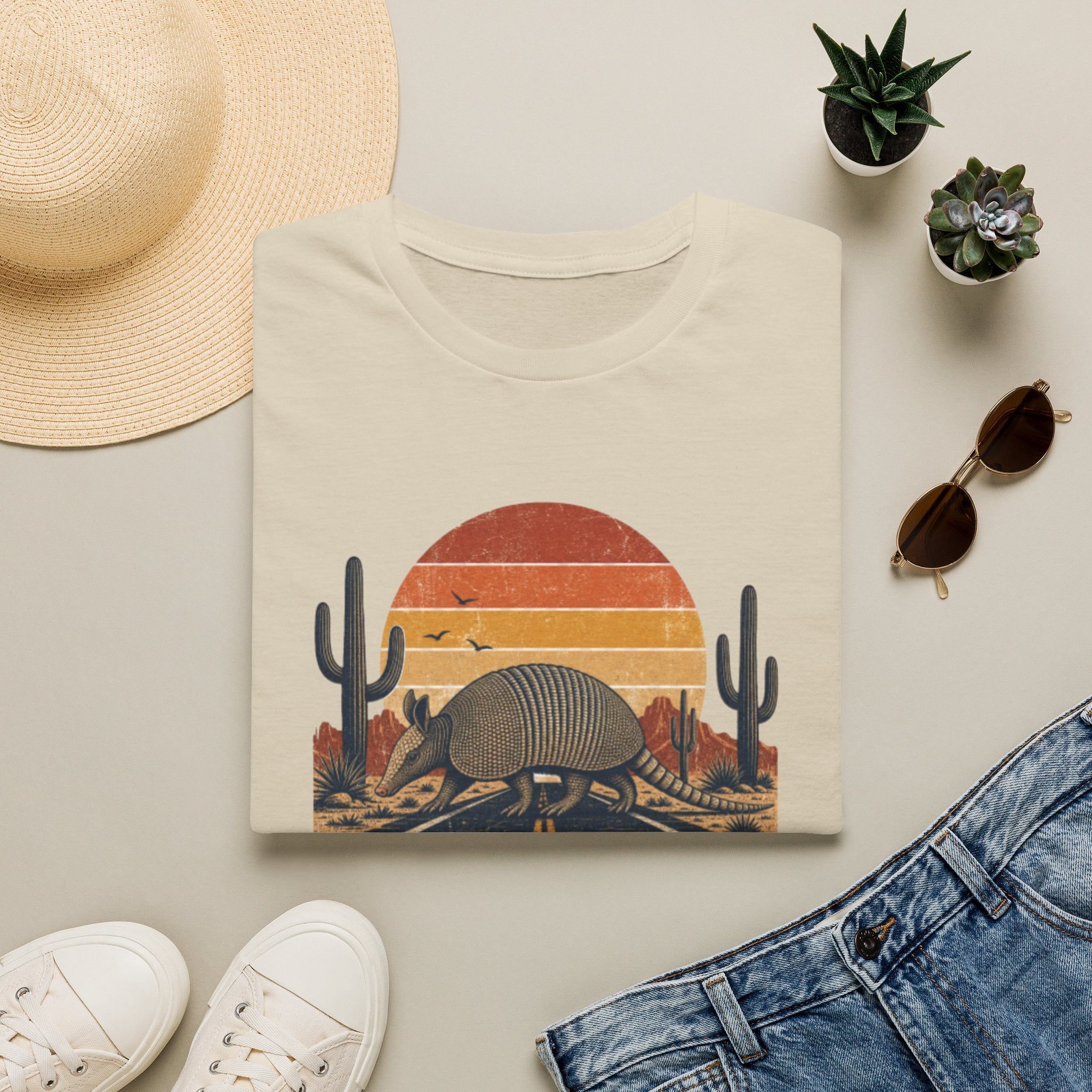 Texas Traveler Armadillo T-Shirt — Retro Desert Sunset Graphic
