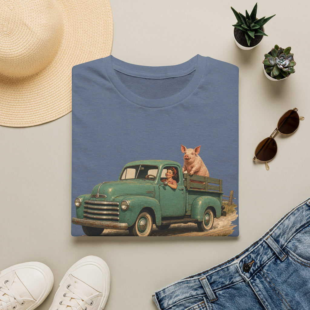 Classic Farm Truck T‑Shirt — Vintage Green Pickup with Pig Graphic