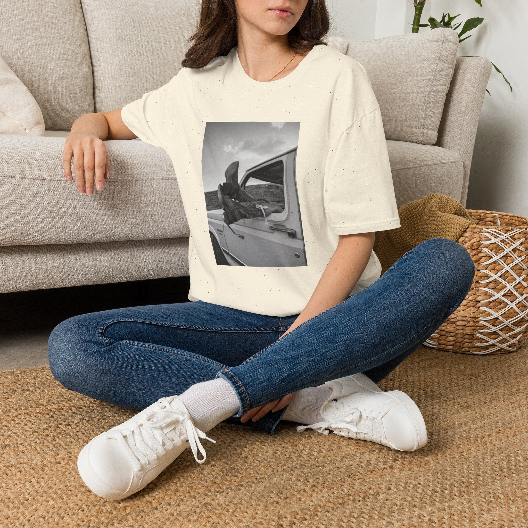 Vintage Road Trip T-Shirt — Black & White Van Window Photo