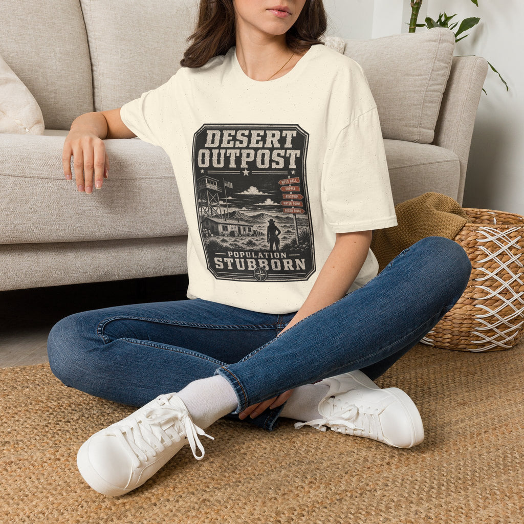 Desert Outpost T-Shirt — Retro Western 'Population: Stubborn' Graphic Tee