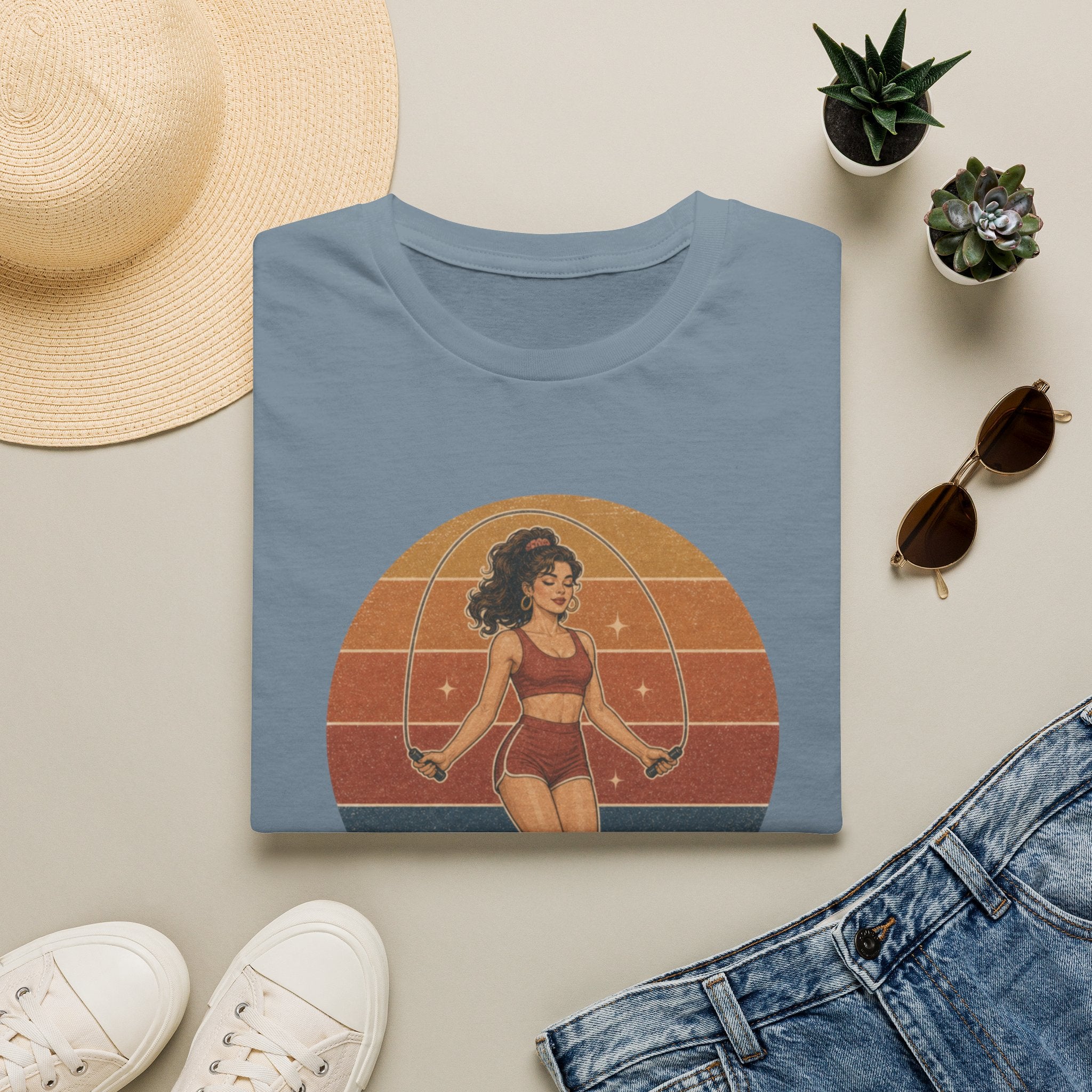 Retro Fitness T-Shirt — "Never Skipping a Beat" Vintage Pin-Up Workout Tee