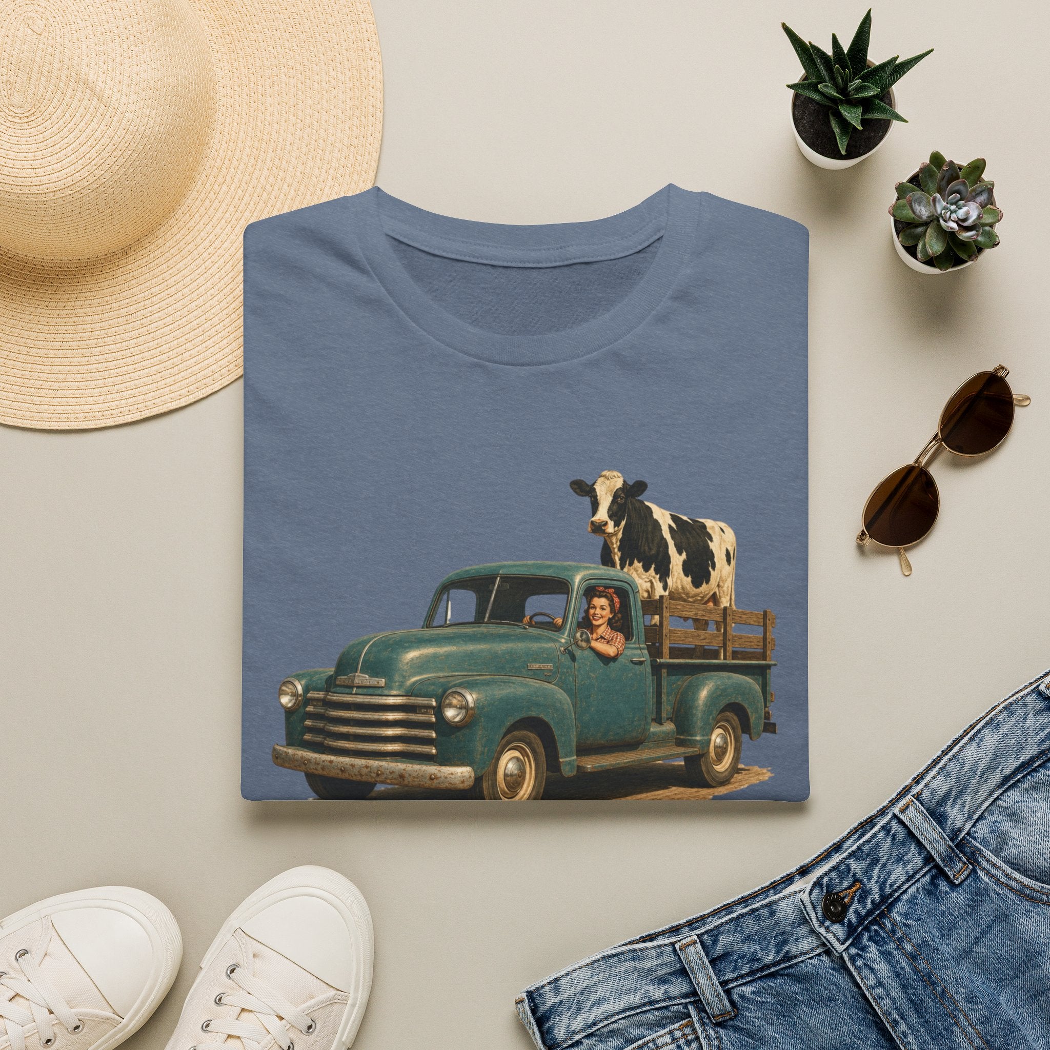 Vintage Farm Truck T-Shirt – Retro Pickup with Cow Graphic
