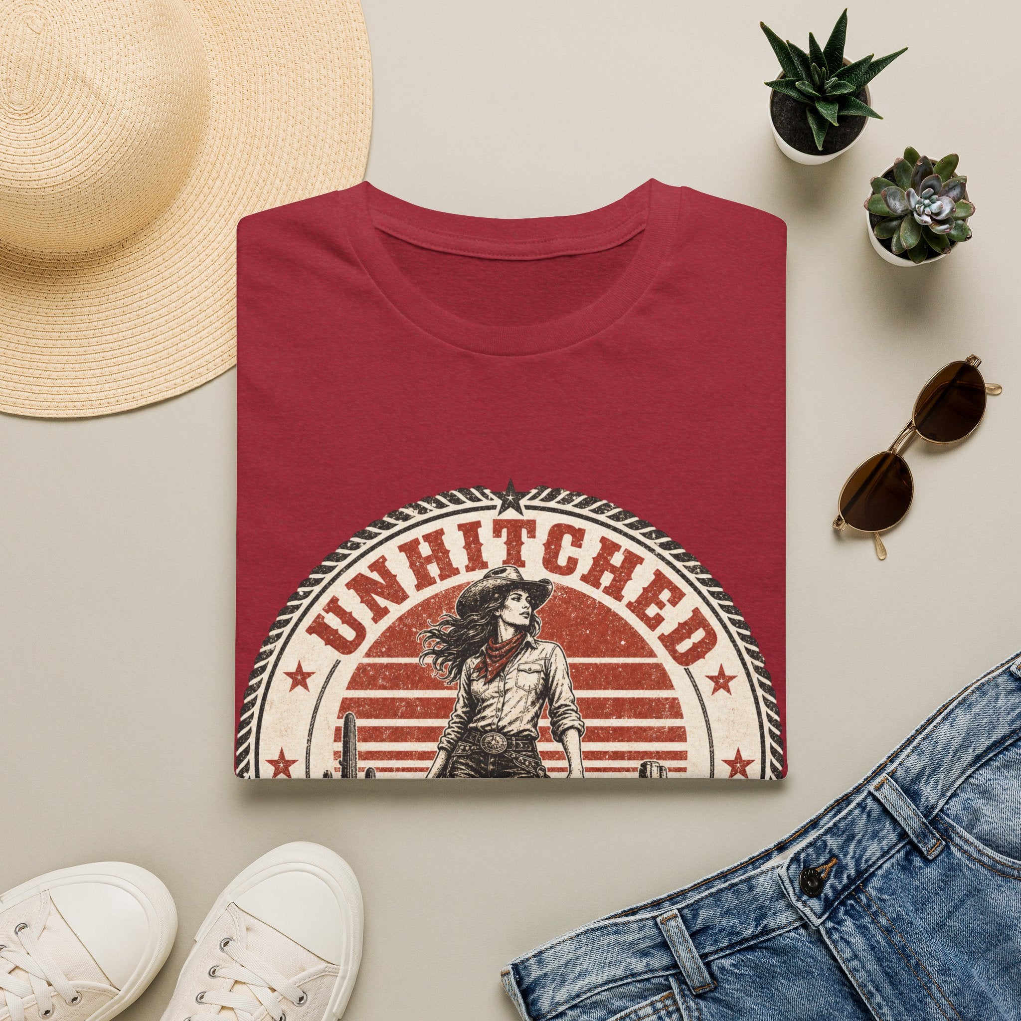 Unhitched Vintage Cowgirl T‑Shirt – “Unhitched & Untamable” Retro Western Graphic Tee
