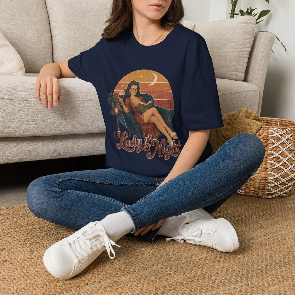 Lady of the Night Vintage Graphic T-Shirt — Retro Pinup Moonlit Reading Tee
