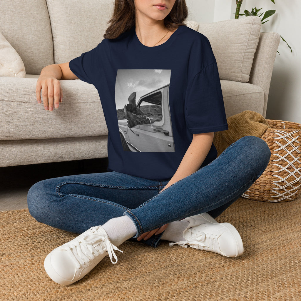 Vintage Road Trip T-Shirt — Black & White Van Window Photo