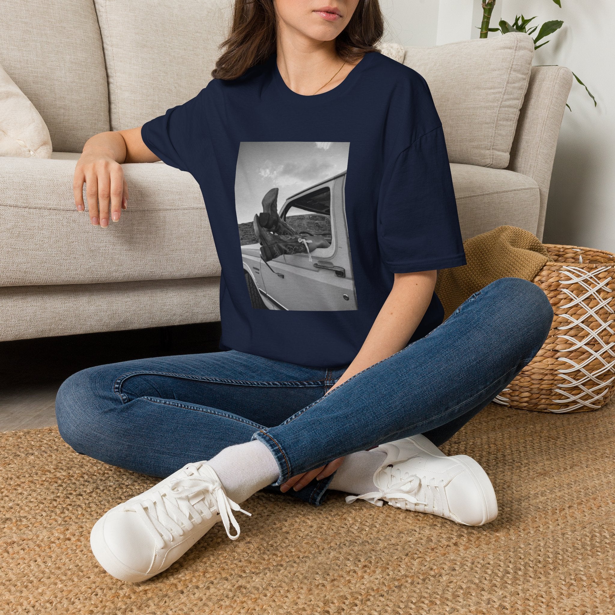 Vintage Road Trip T-Shirt — Black & White Van Window Photo