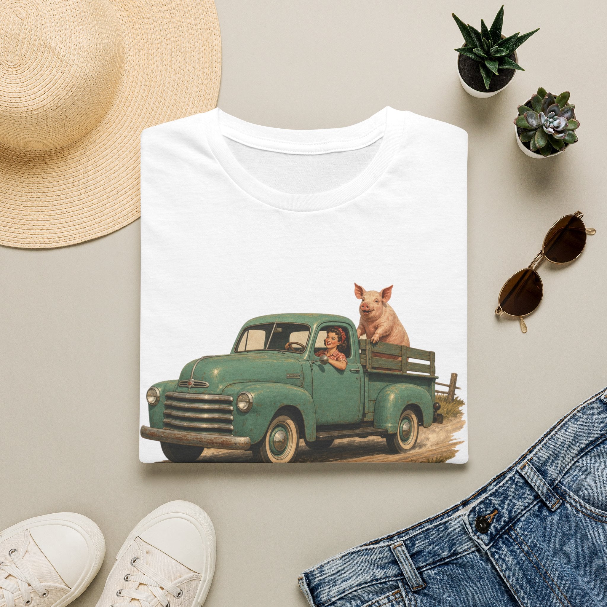 Classic Farm Truck T‑Shirt — Vintage Green Pickup with Pig Graphic