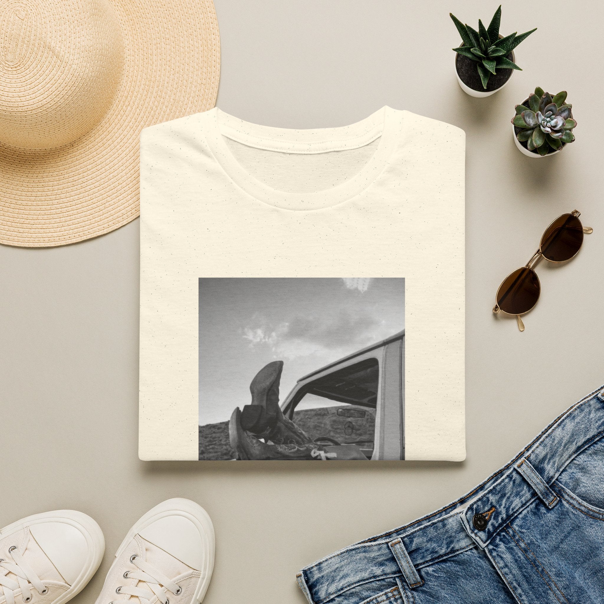 Vintage Road Trip T-Shirt — Black & White Van Window Photo