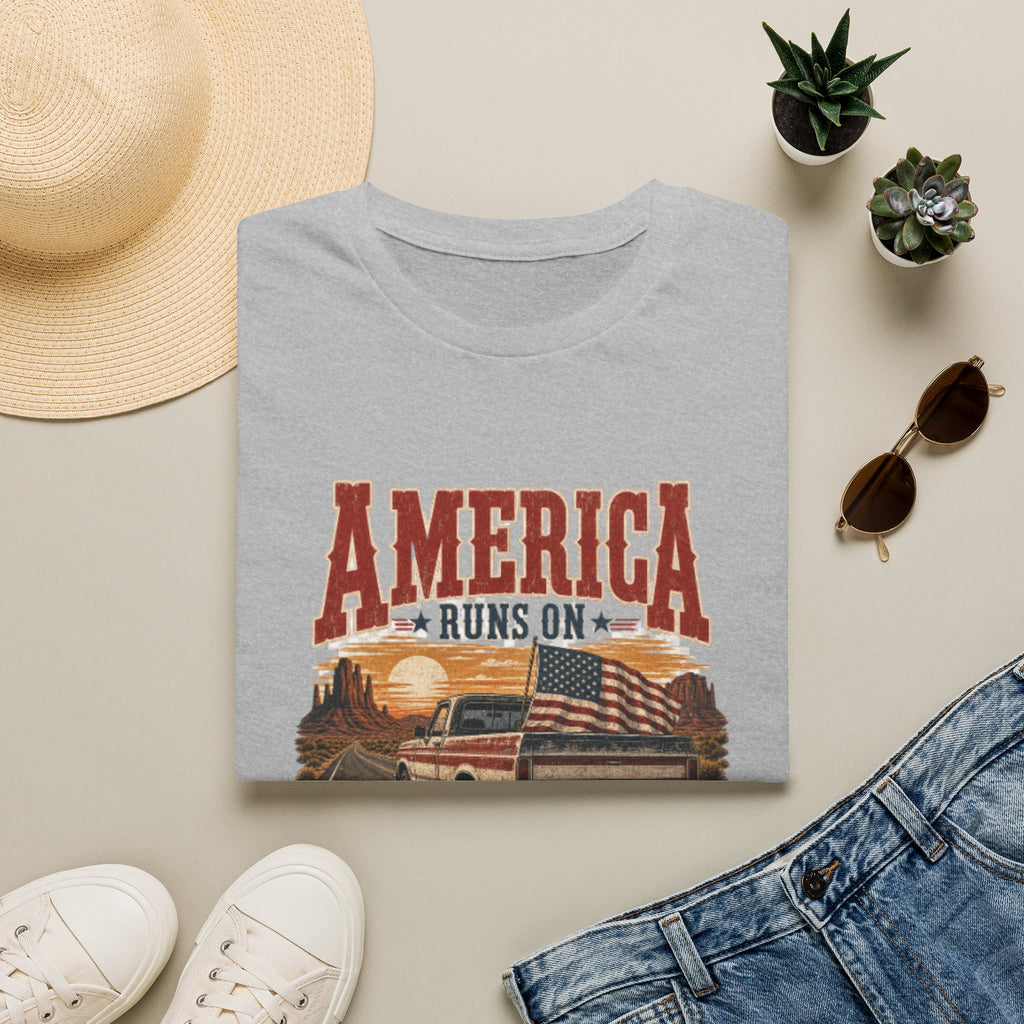 T-Shirt — "America Runs On Country" Vintage Flag & Pickup Graphic