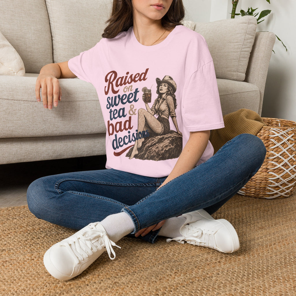 Raised on Sweet Tea & Bad Decisions T-Shirt — Southern Cowgirl Retro Graphic Tee