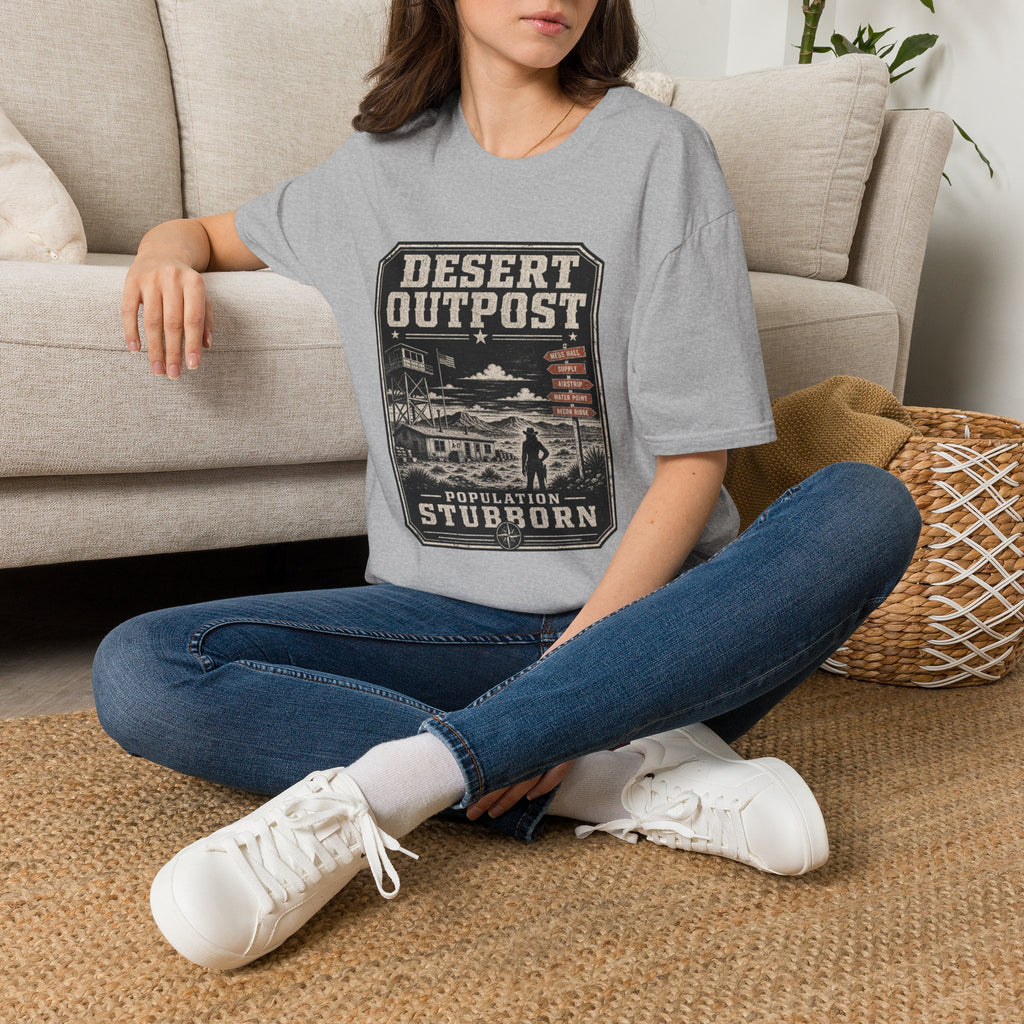 Desert Outpost T-Shirt — Retro Western 'Population: Stubborn' Graphic Tee
