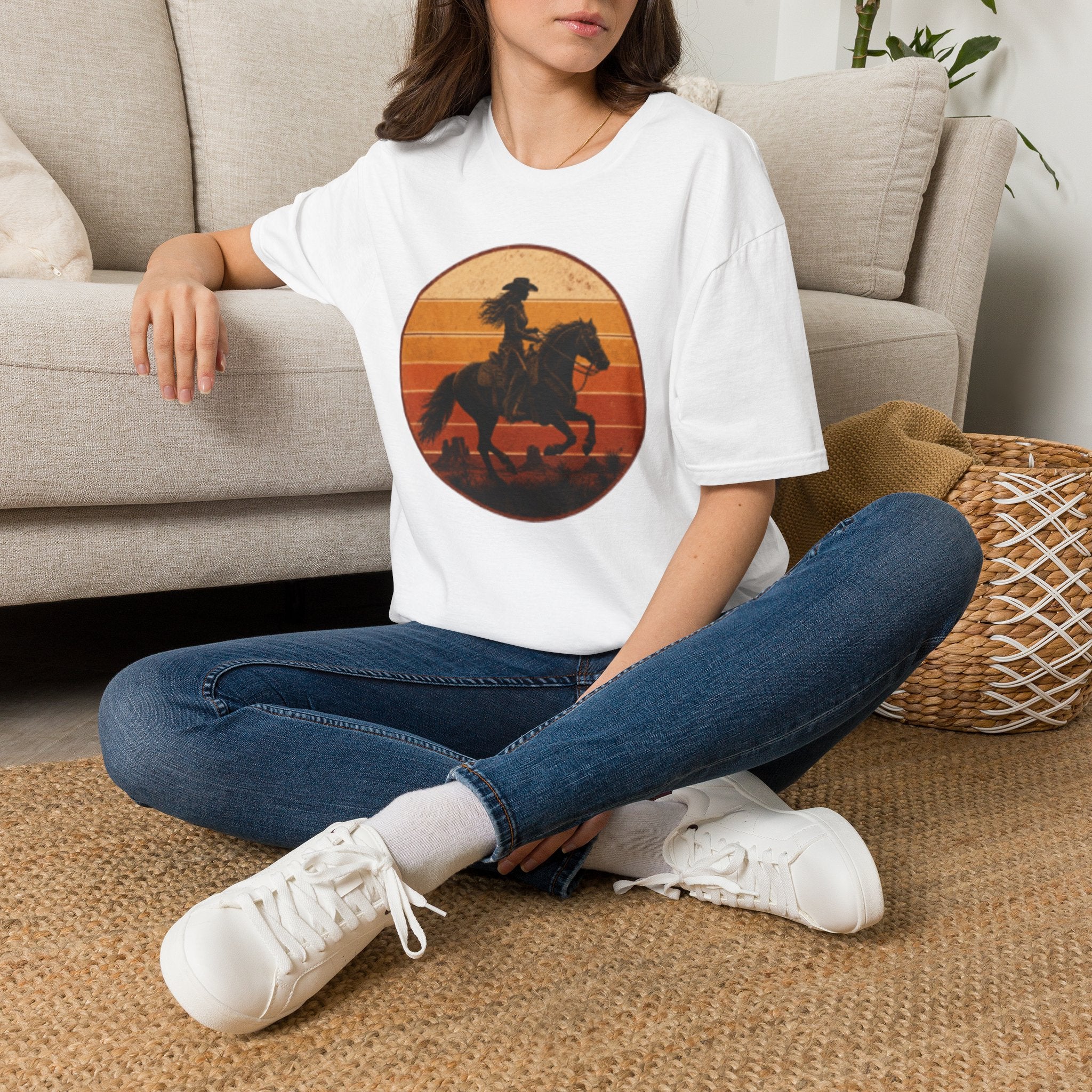 Cowgirl Silhouette T-Shirt — Retro Sunset Horse Riding Tee