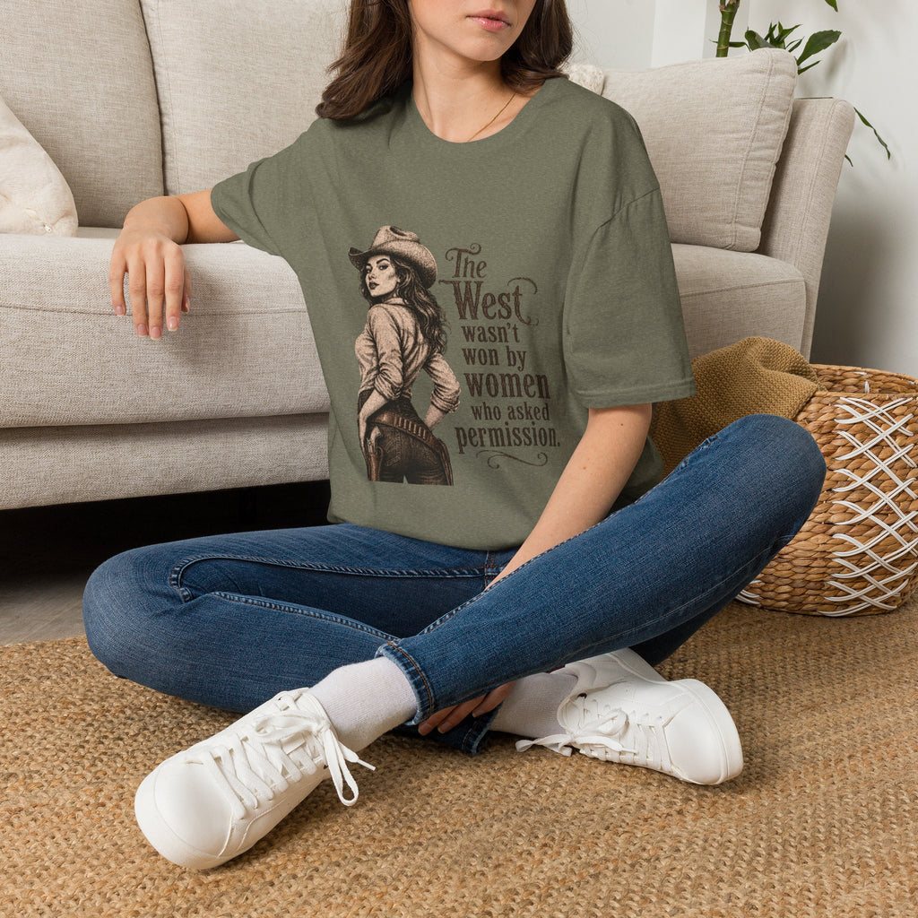 T‑Shirt — “The West Wasn’t Won by Women Who Asked Permission” Vintage Cowgirl Graphic