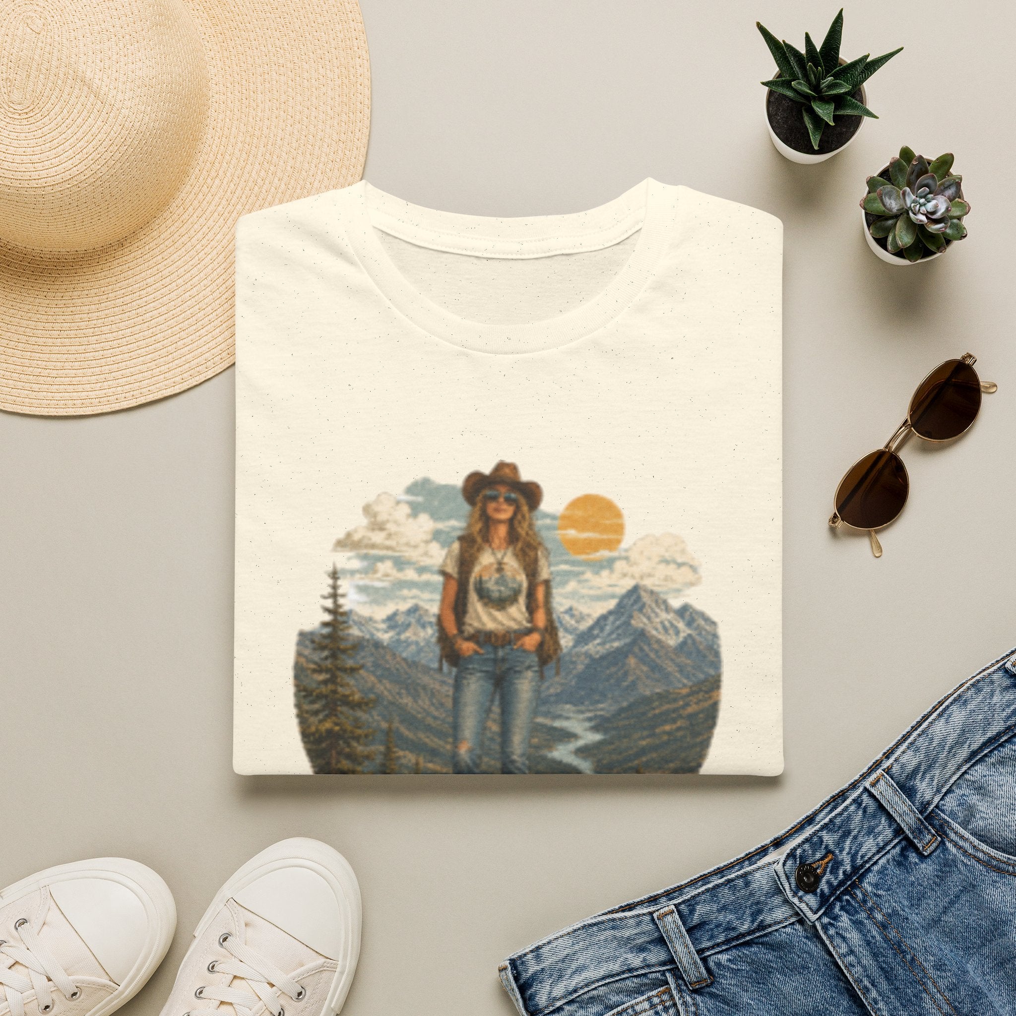 Cowgirl Mountain Adventure T‑Shirt — Vintage Sunset Hiker Graphic