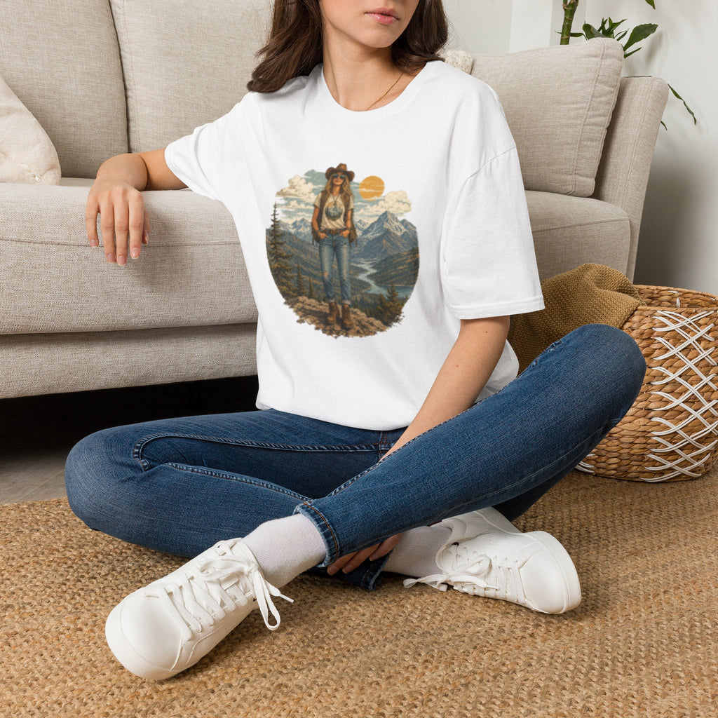 Cowgirl Mountain Adventure T‑Shirt — Vintage Sunset Hiker Graphic