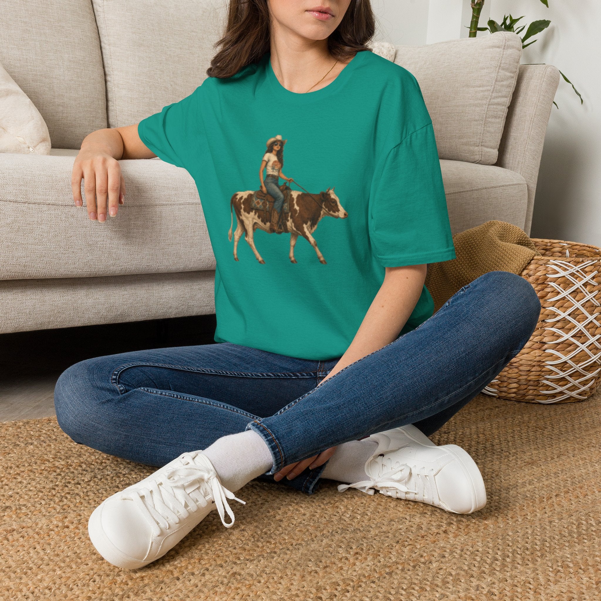 Cowgirl Riding Longhorn T-Shirt — Western Rodeo Graphic Tee