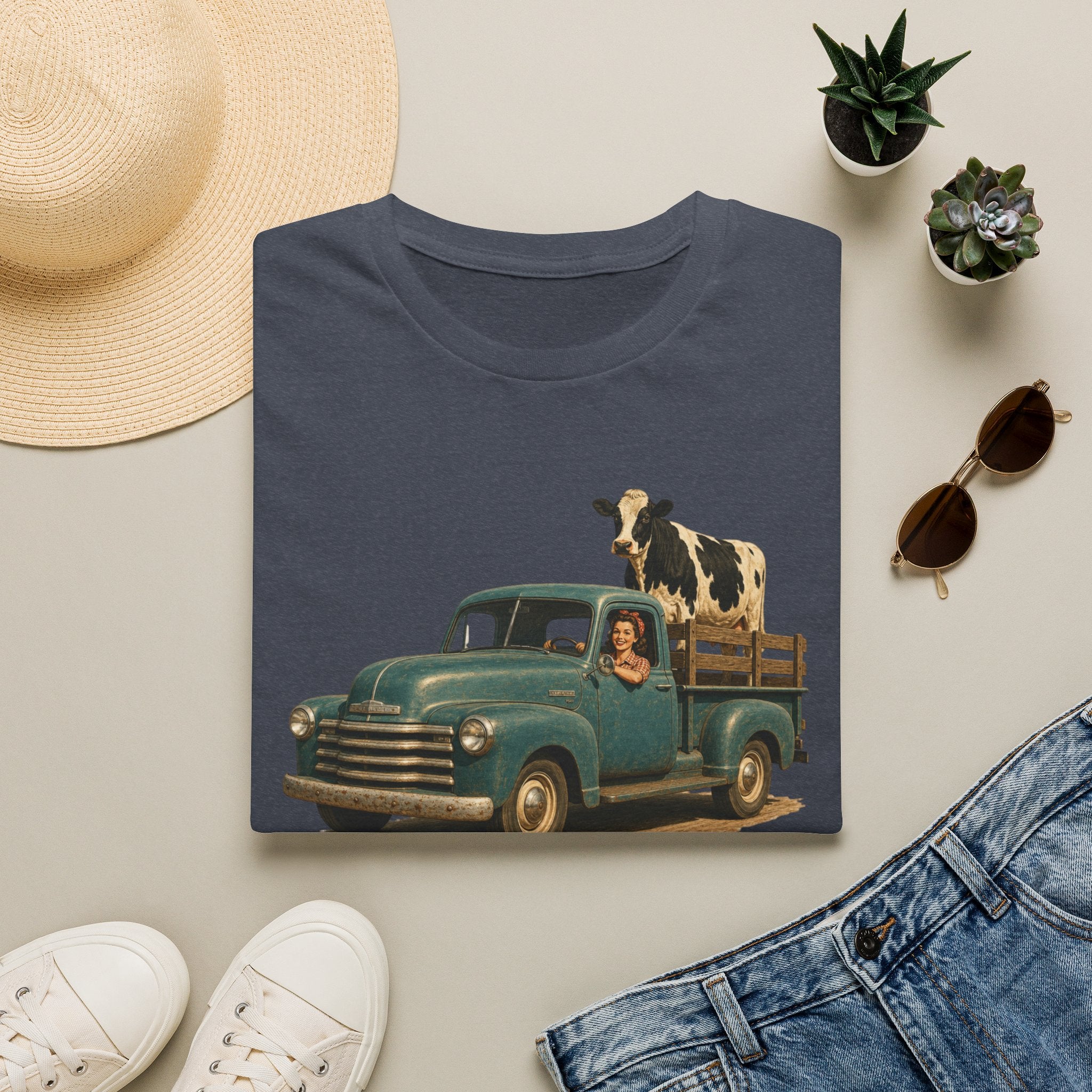 Vintage Farm Truck T-Shirt – Retro Pickup with Cow Graphic
