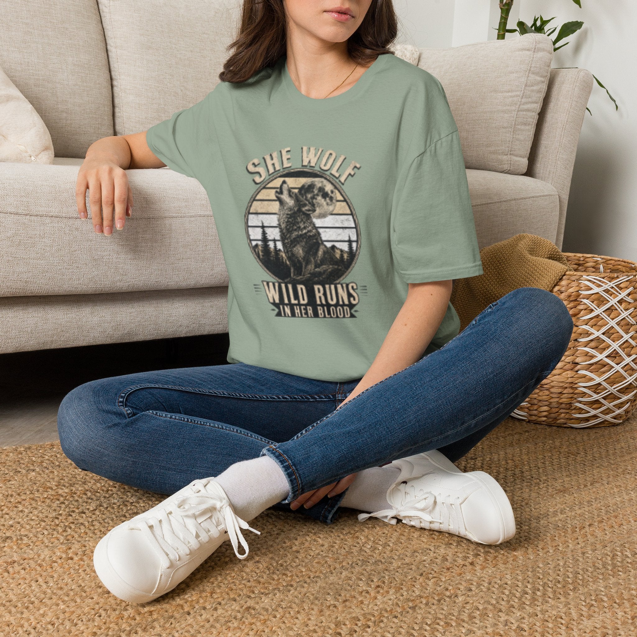 She Wolf T-Shirt — Retro Howling Wolf Moon Graphic