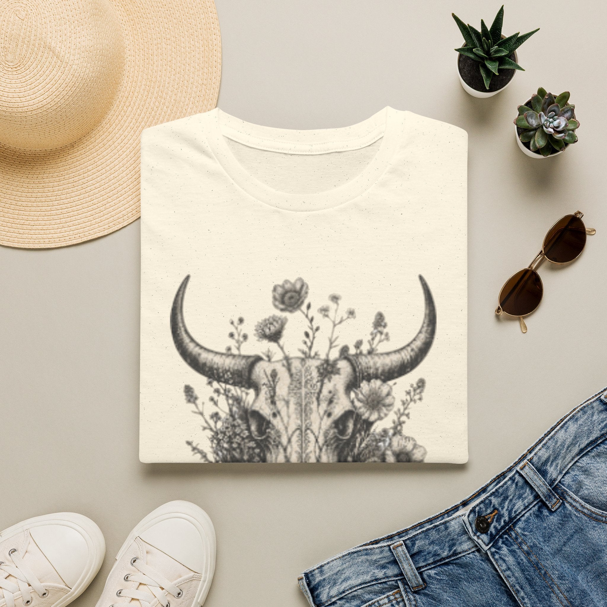 Bull Skull Floral T-Shirt — "Wild and Free" Boho Western Tee