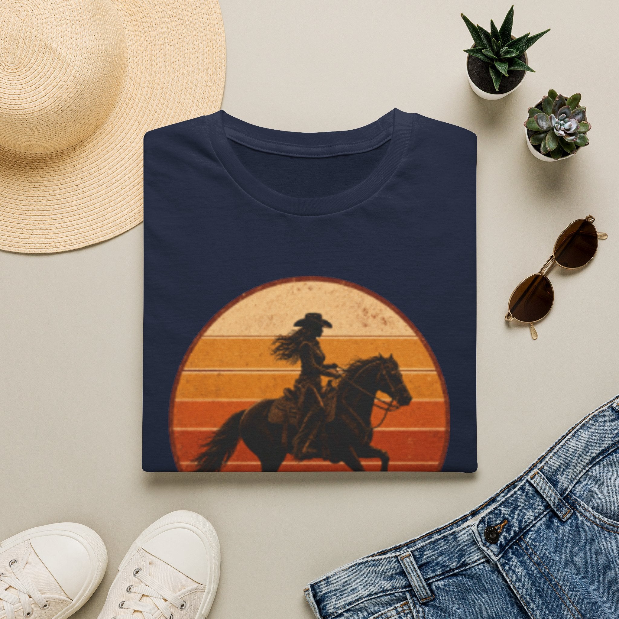 Cowgirl Silhouette T-Shirt — Retro Sunset Horse Riding Tee