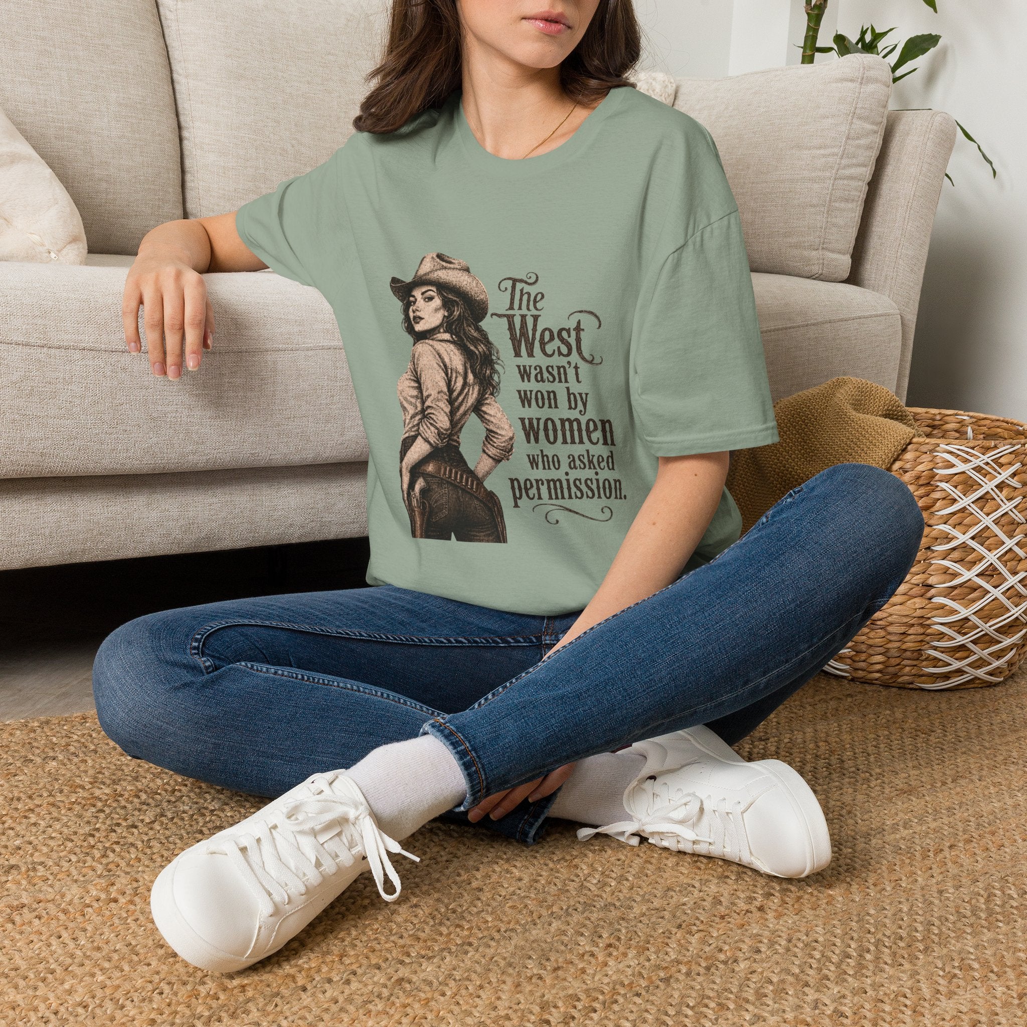 T‑Shirt — “The West Wasn’t Won by Women Who Asked Permission” Vintage Cowgirl Graphic