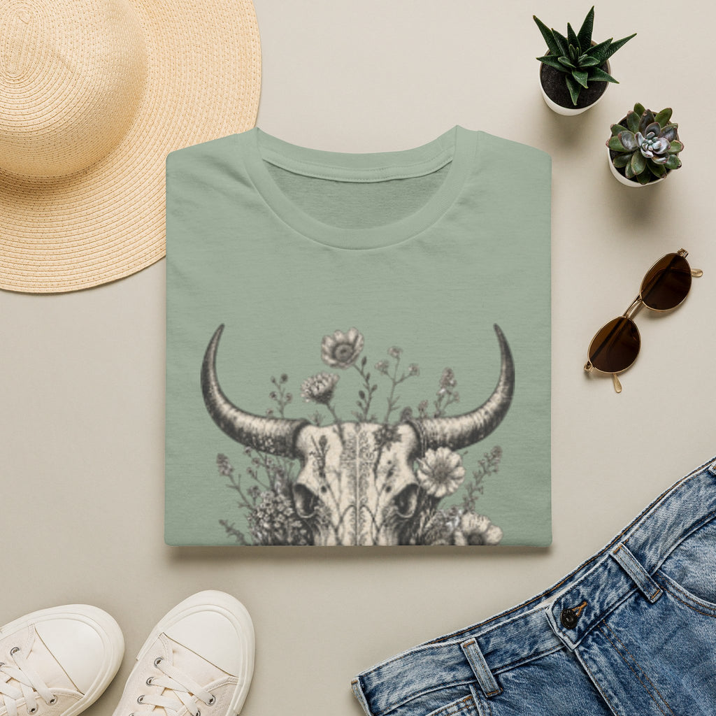 Bull Skull Floral T-Shirt — "Wild and Free" Boho Western Tee